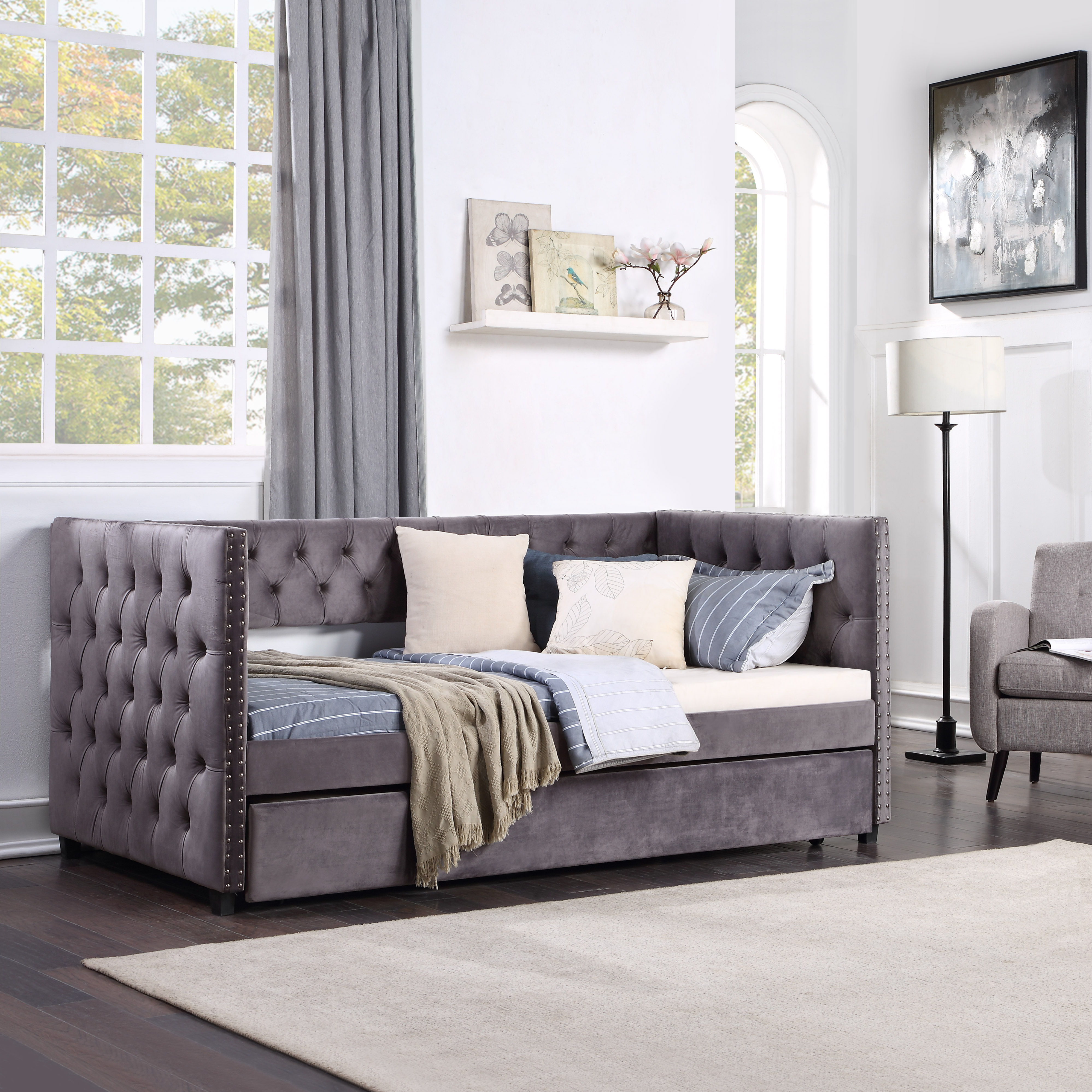 Twin Daybed with Trundle, Upholstered Tufted Sofa Bed with Nailhead Trim, Gray-CASAINC