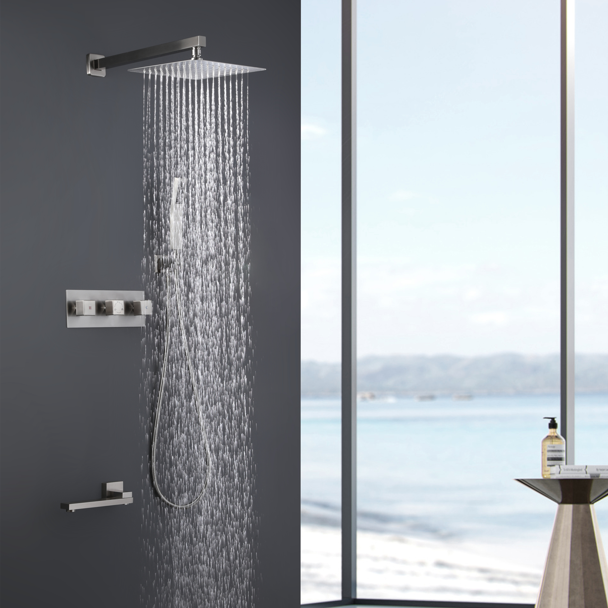 TrustMade 3 Function Temperature Control Complete Shower System with Rough-in Valve, 10 inches Brushed Nickel - 3W01-CASAINC