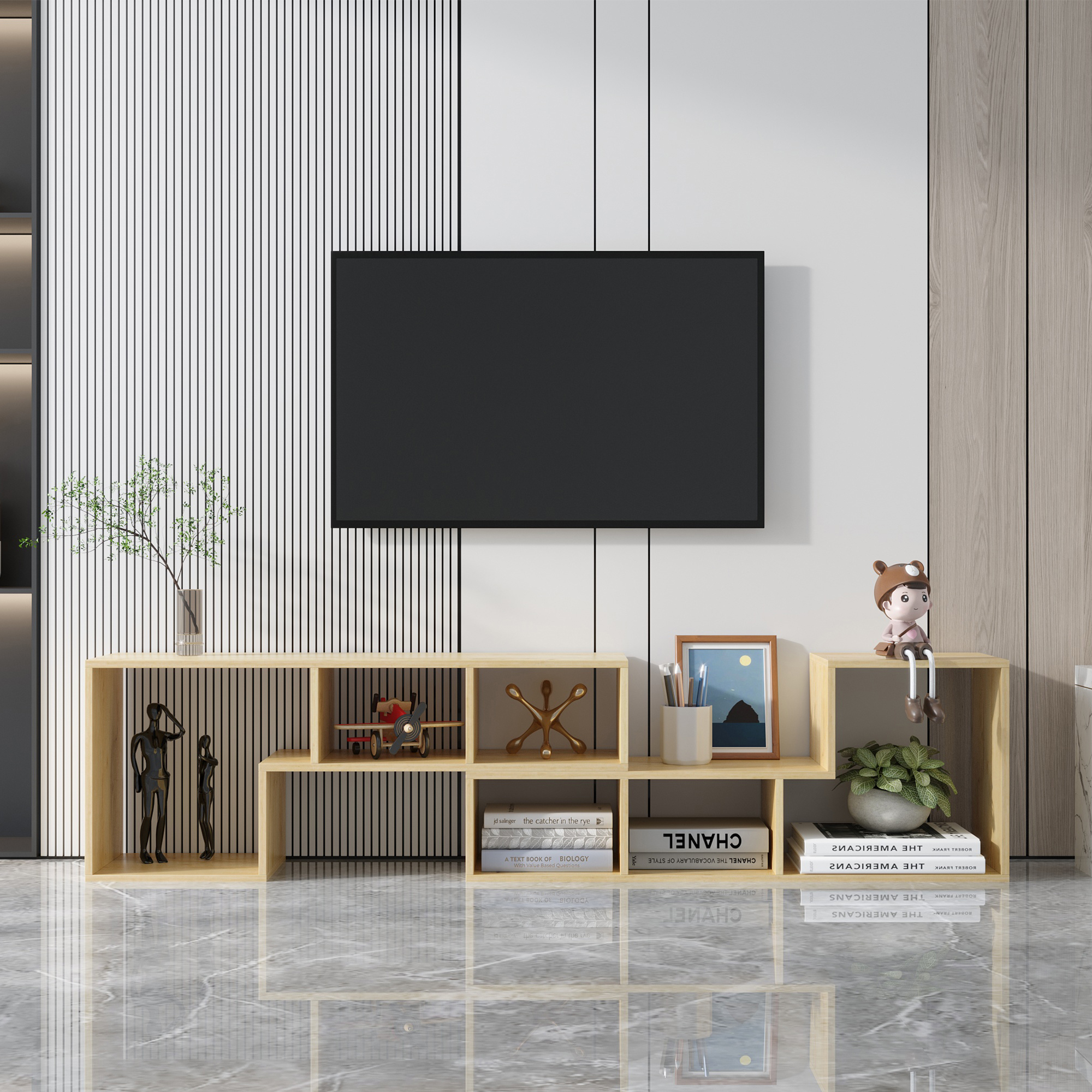 Double L-Shaped Oak TV Stand，Display Shelf ，Bookcase for Home Furniture,OAK-CASAINC