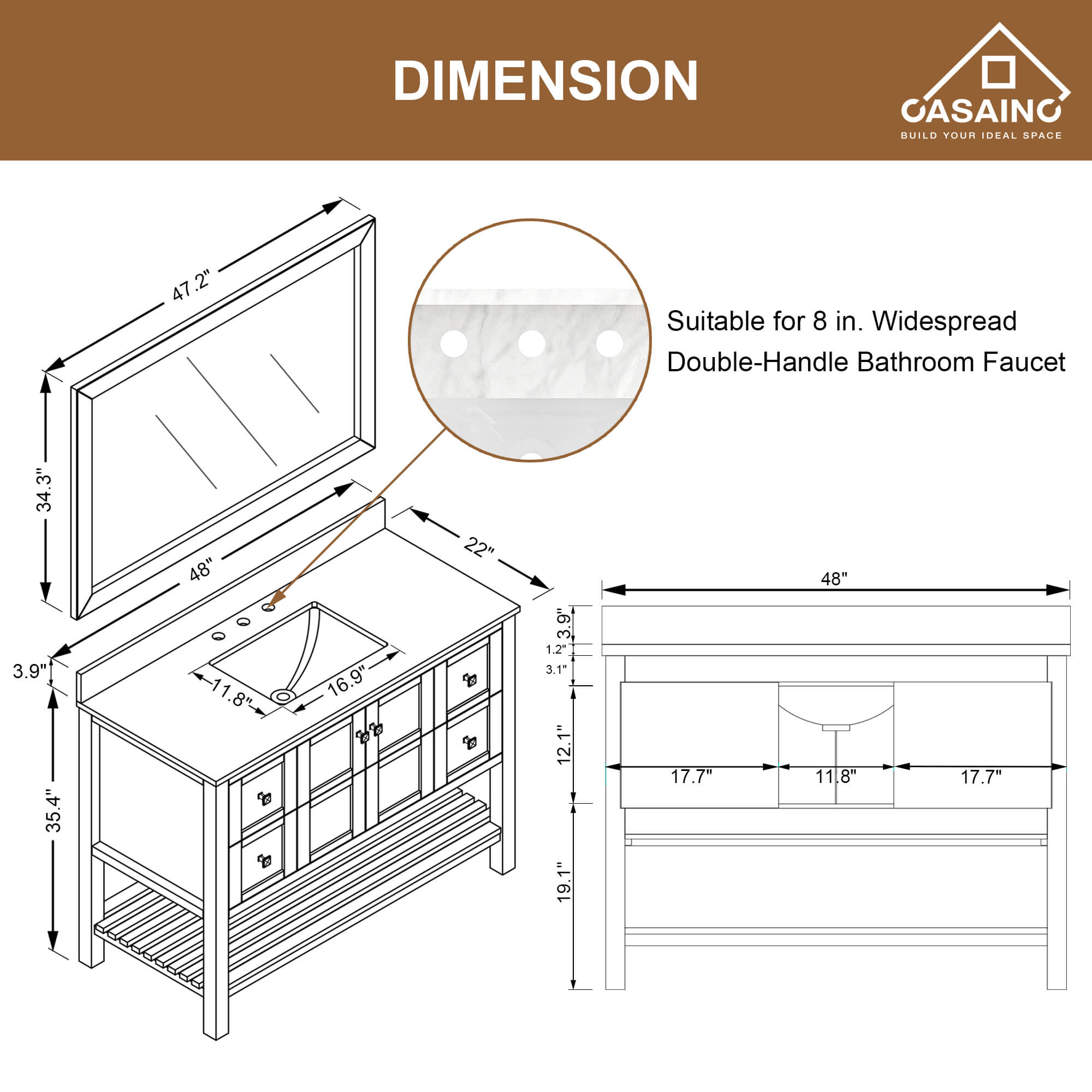 CASAINC 48 x 22 x 35.4 in. Solid Wood Navy Blue Bath Vanity with Carrara White Marble Countertop (No/With Mirror)