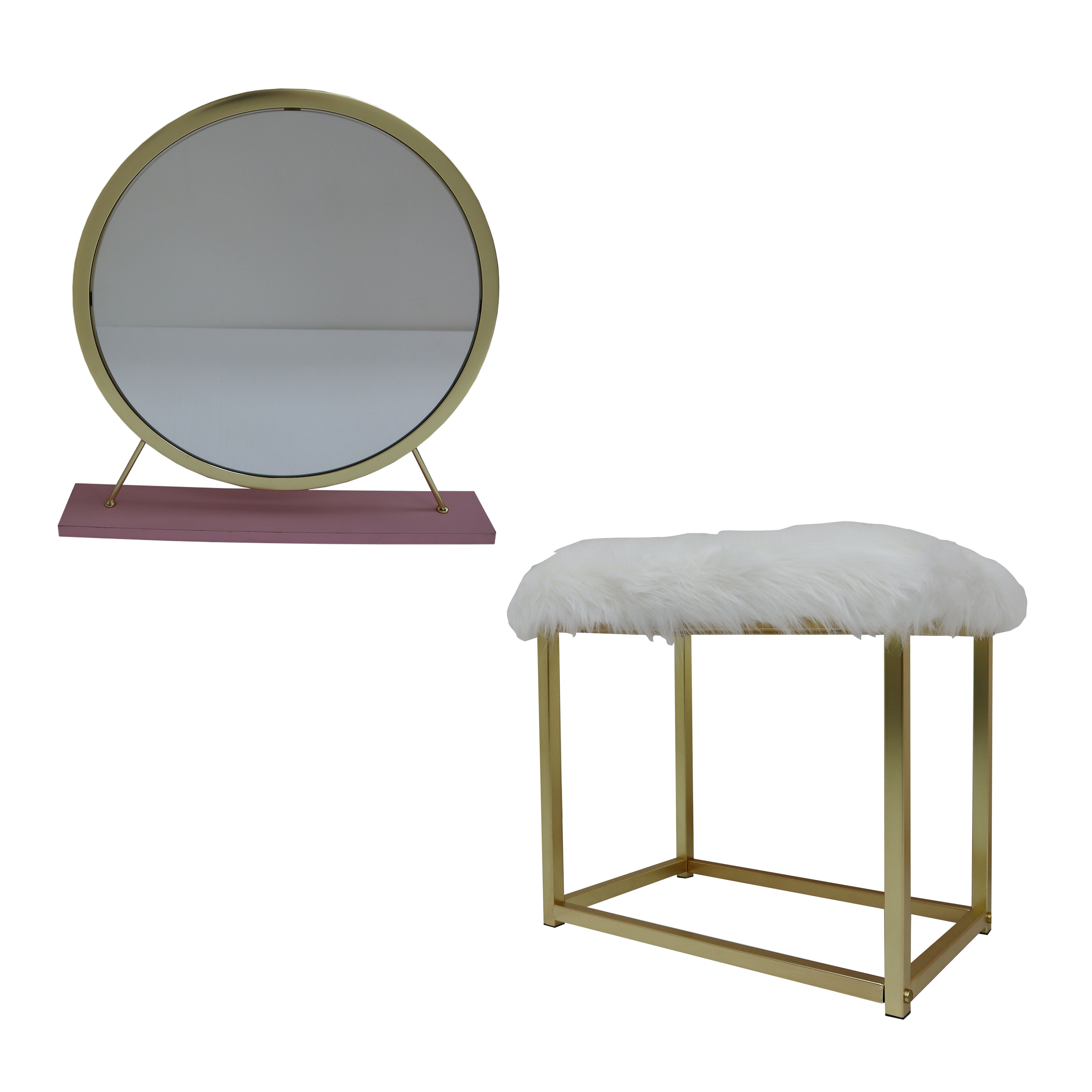 ACME Adao Vanity Mirror Stool, Faux Fur, Mirror, Pink Gold Finish
