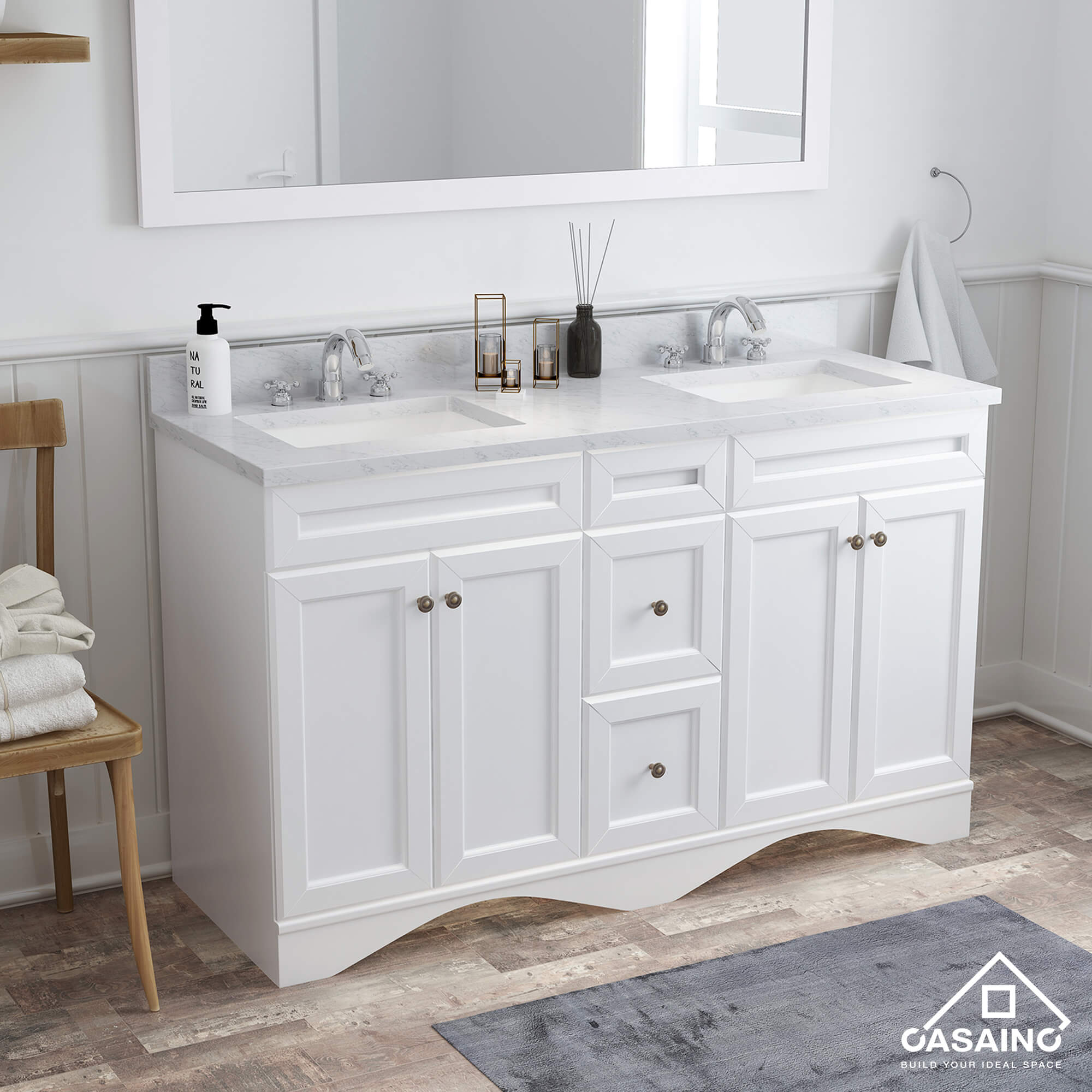 CASAINC 60 x 22 x 35.4 in. Solid Wood Bath Vanity with Marble Top and Backsplash in Gray/White (No/With Mirror)