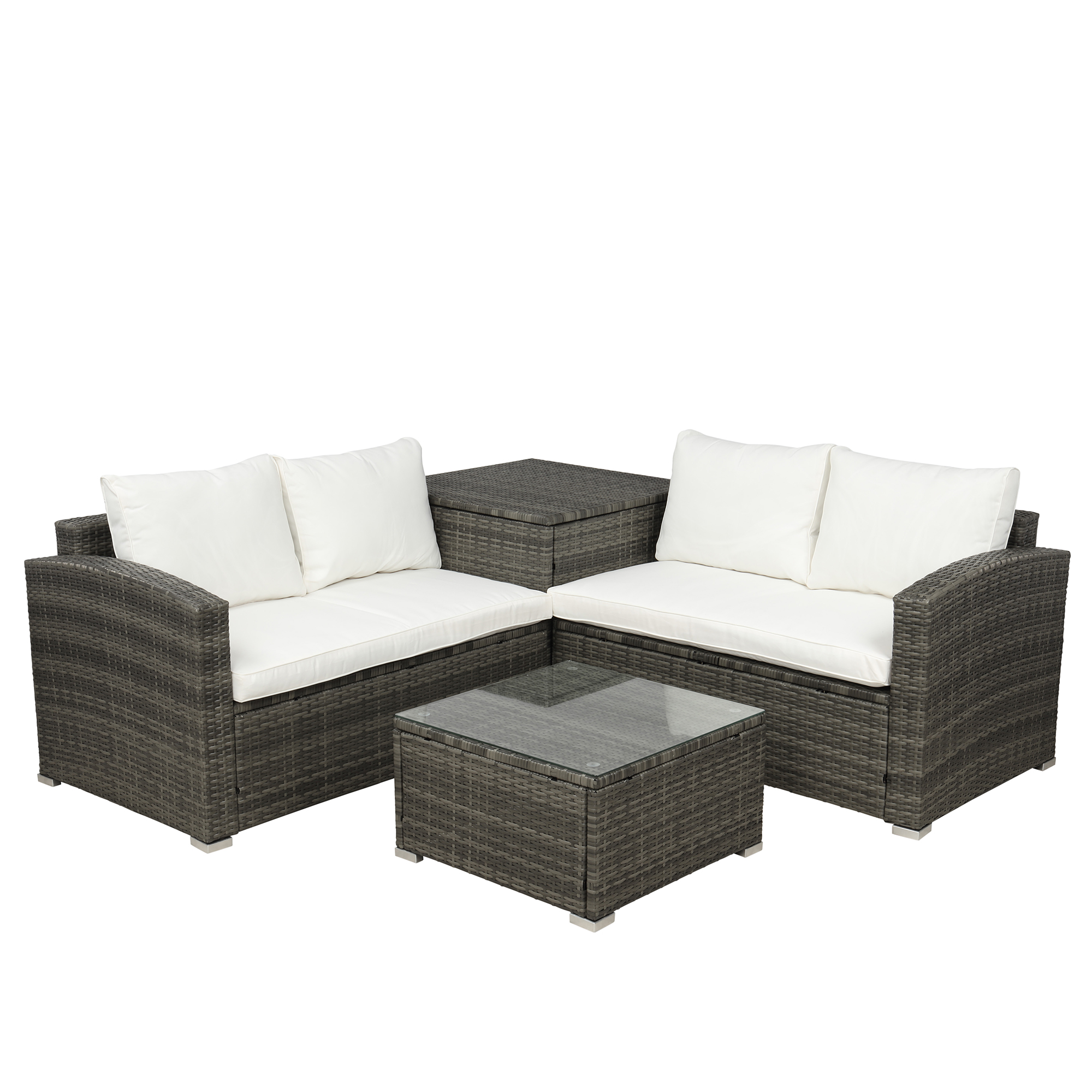 4 PCS Outdoor Cushioned PE Rattan Wicker Sectional Sofa Set Garden Patio Furniture Set (Beige Cushion)-CASAINC