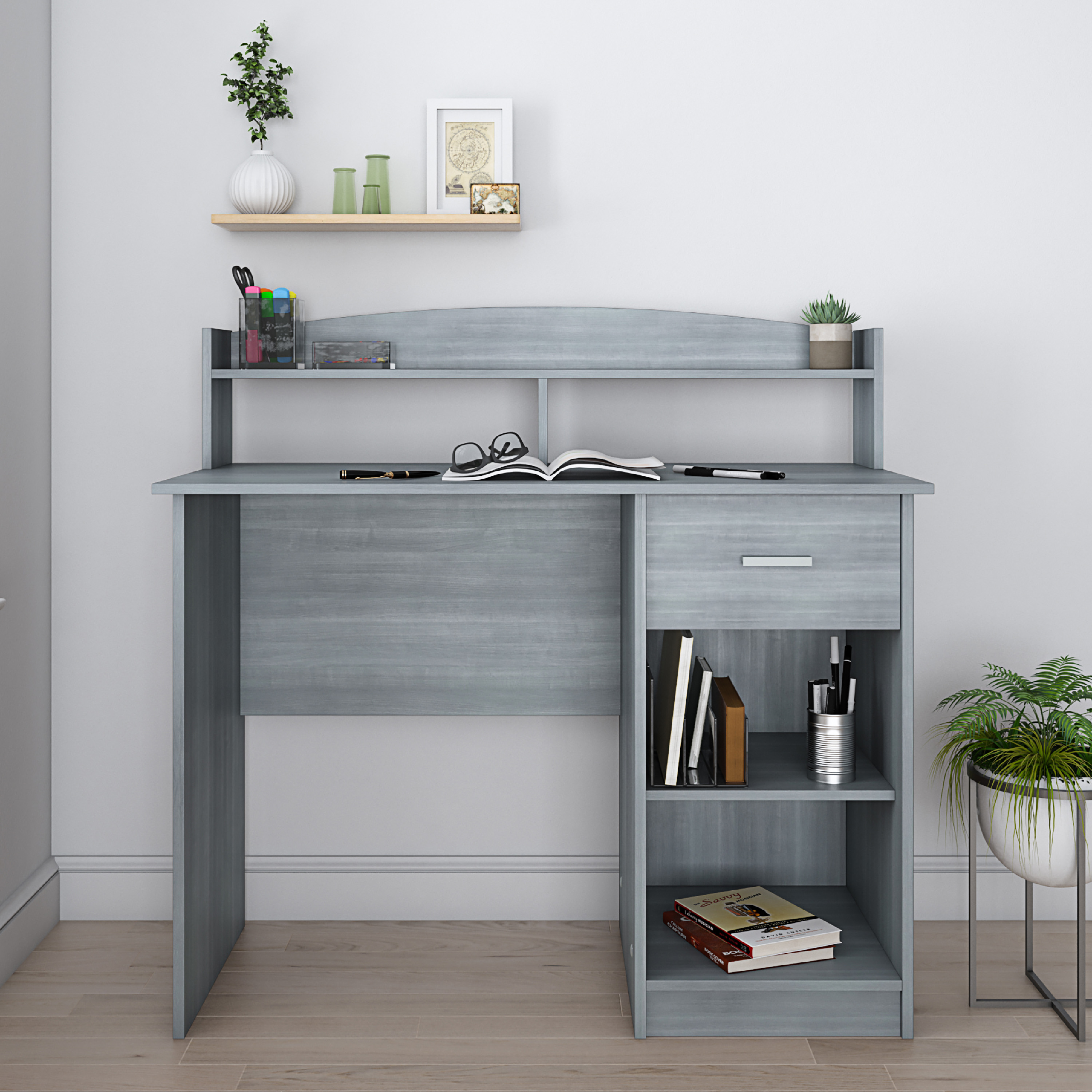 Techni Mobili Modern Office Desk with Hutch, Grey-CASAINC