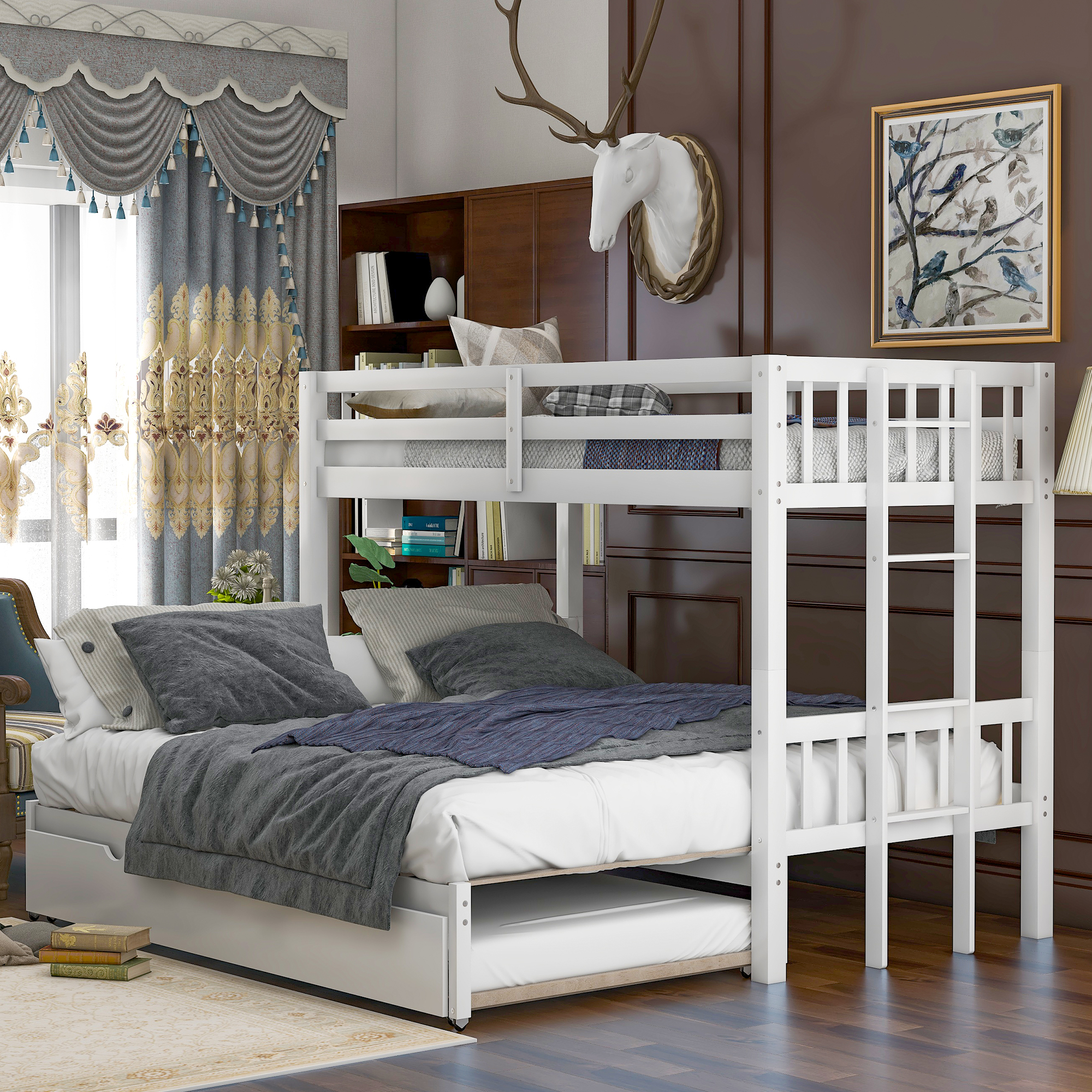 Twin over Pull-out Bunk Bed with Trundle, White(Expected Arrival Time:3.5)-CASAINC