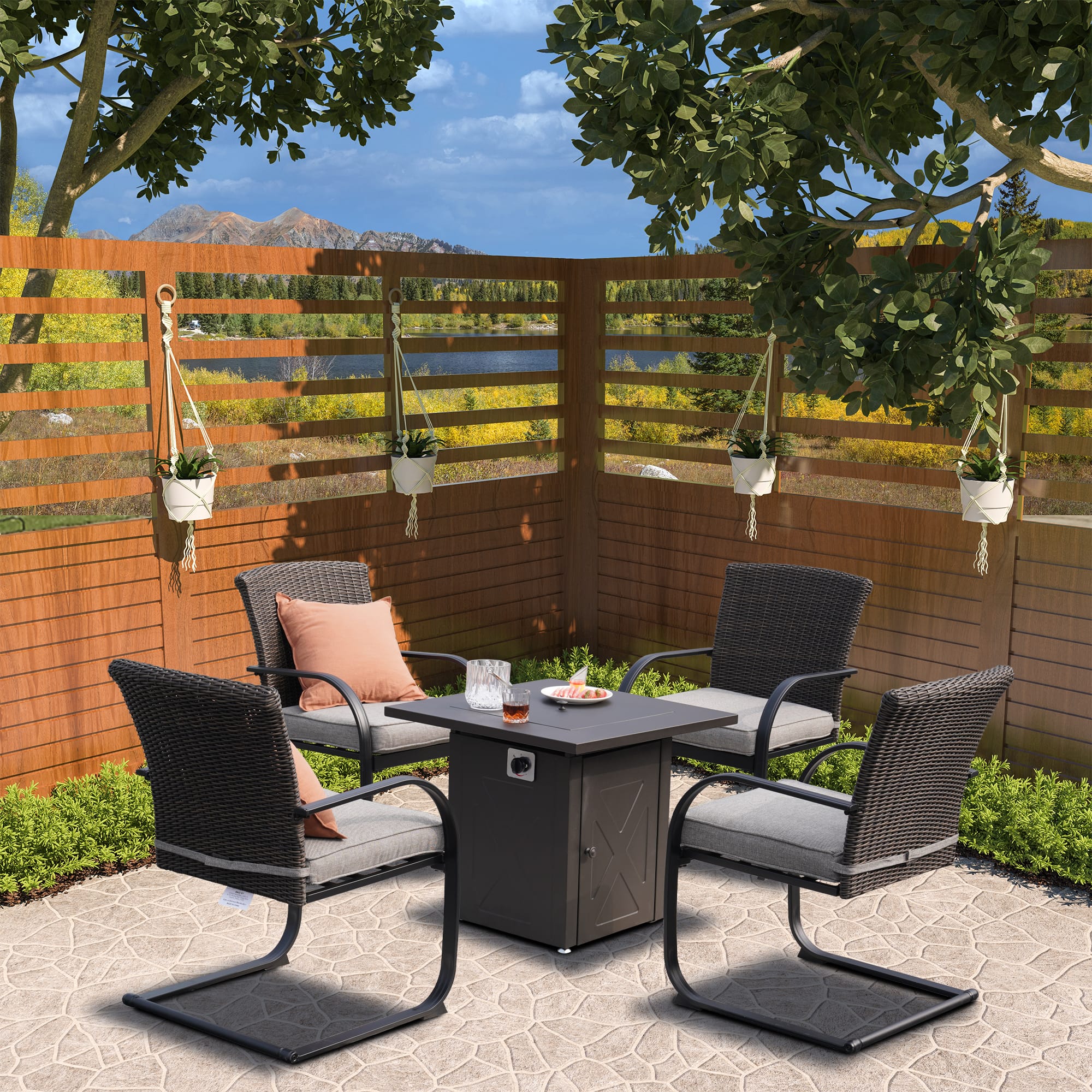 C-Spring Outdoor Dining Chair Set of Five with 28 in. Square Gas Brazier Table