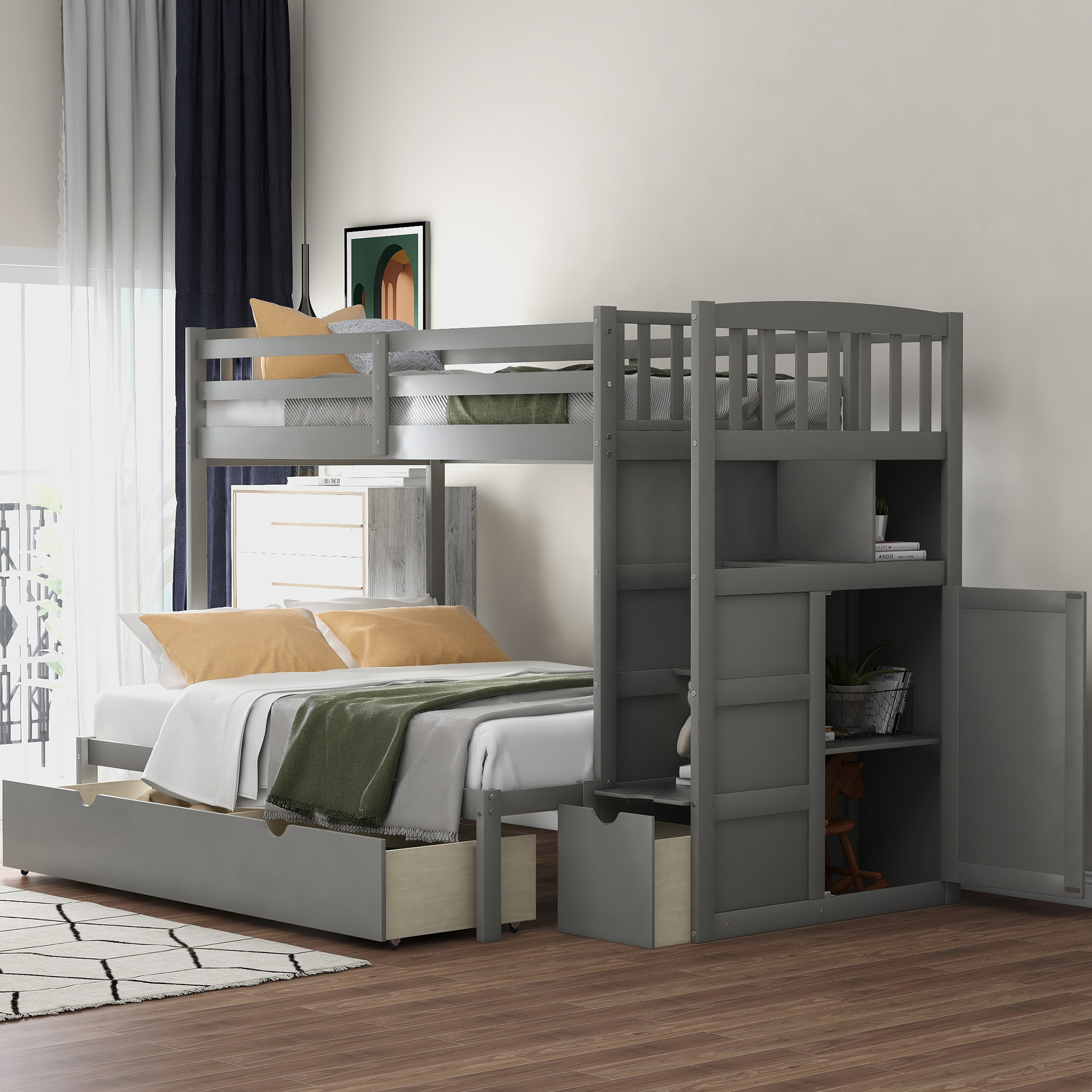 Twin over Full/Twin Bunk Bed, Convertible Bottom Bed, Storage Shelves and Drawers, Gray-CASAINC