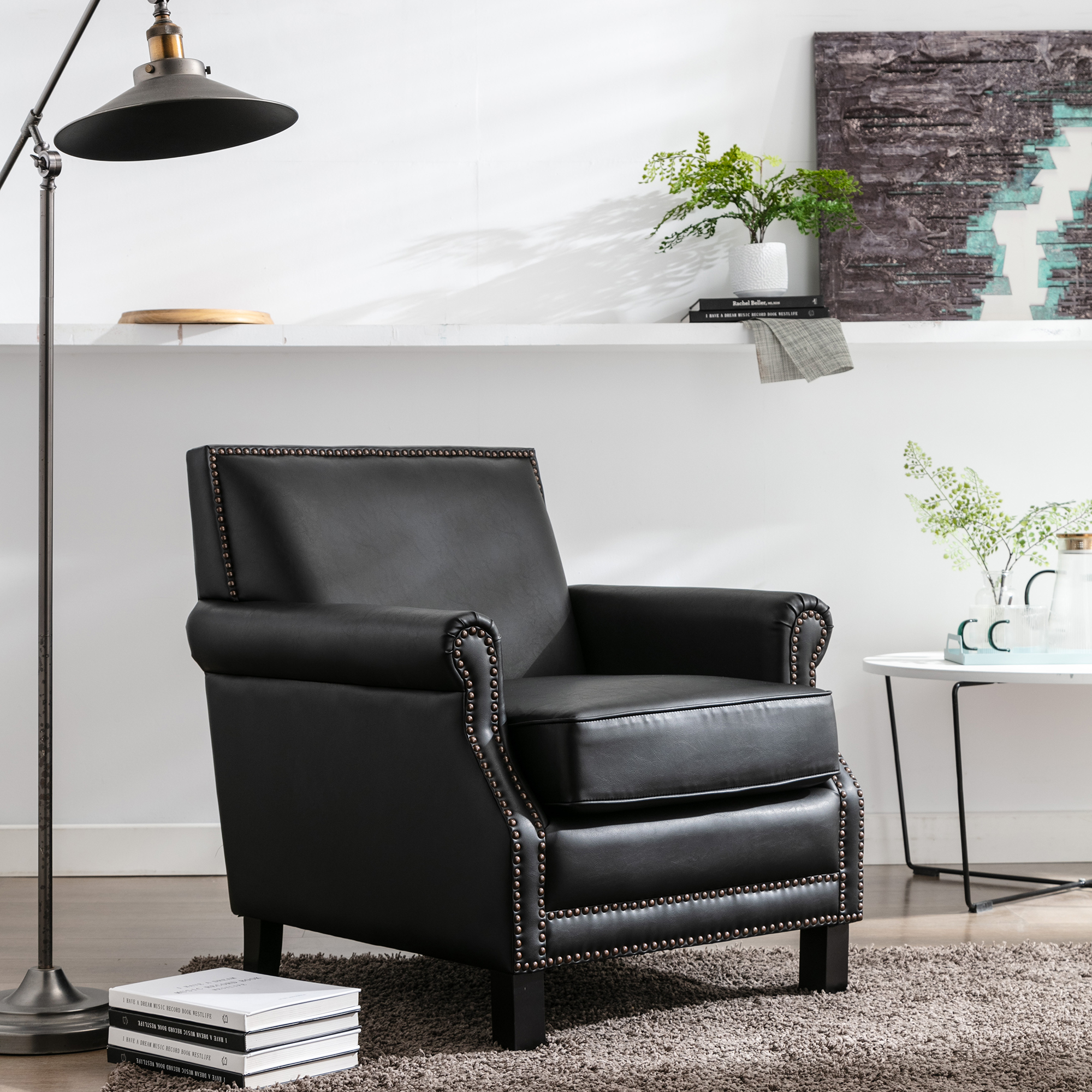 Hengming Living Traditional Upholstered PU Leather Club Chair with Nailhead Trim, ,Black-CASAINC