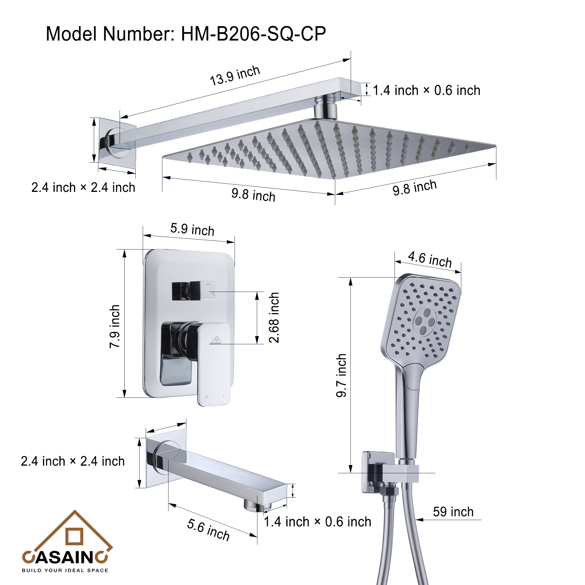 CASAINC 10 inch Square Wall-mounted rain shower faucet with pressure balanced valve