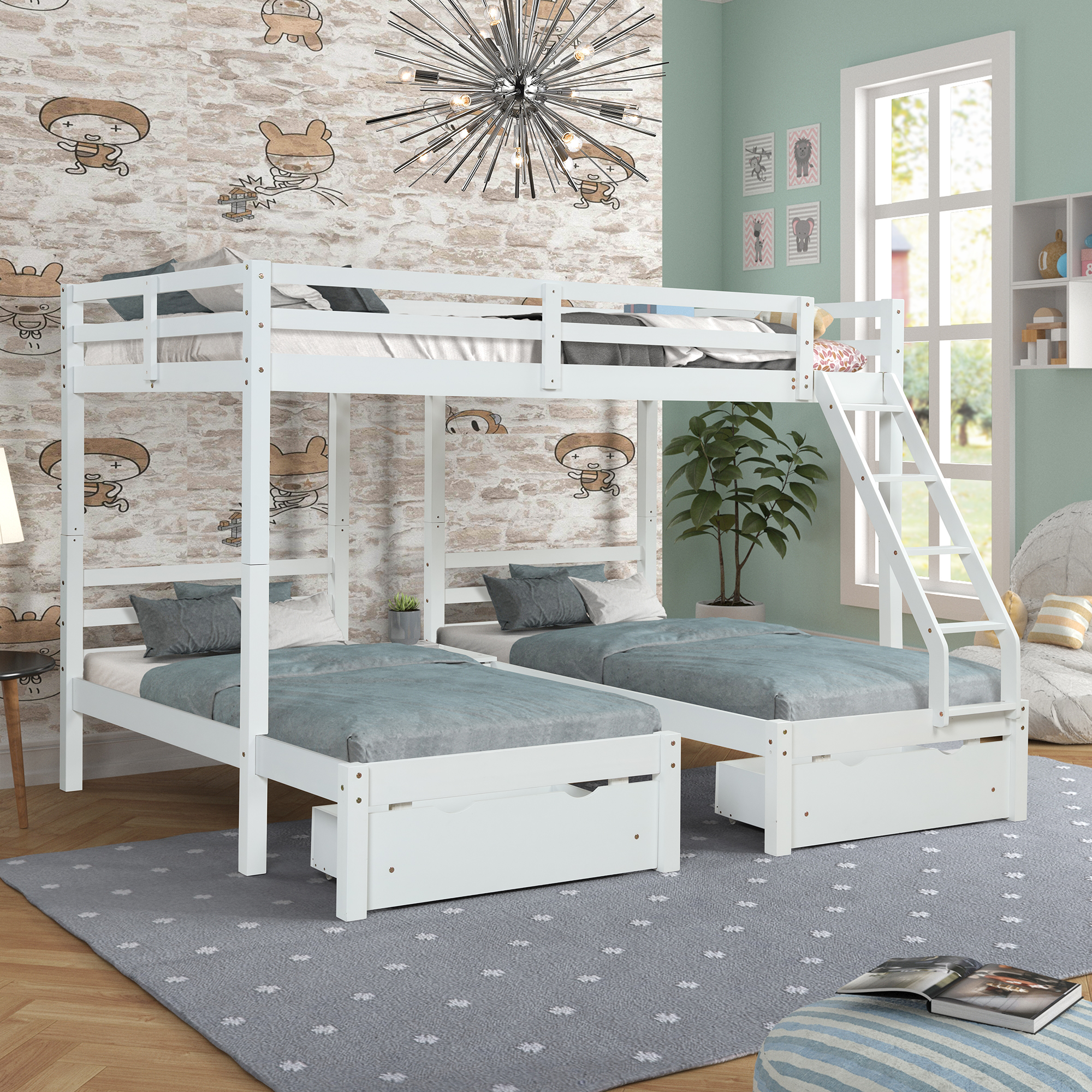 Solid Wood Full over  Twin  Twin Bunk Bed with 3 Storage Drawers, White (96.8&rdquo;x79&rdquo;x68.3&rdquo;)-CASAINC