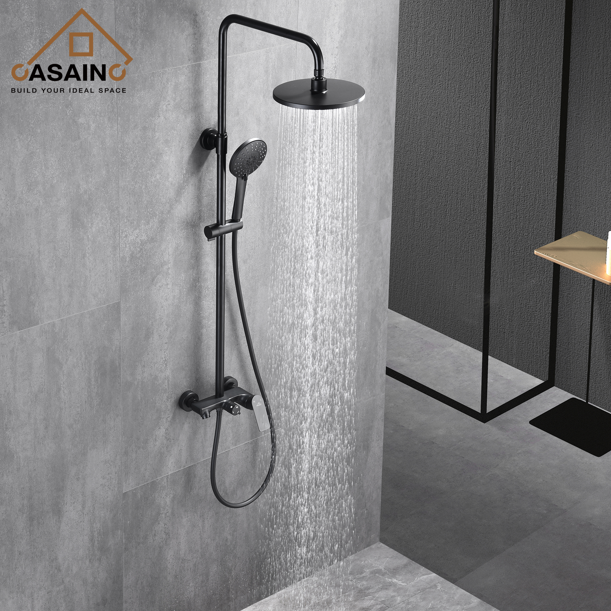 CASAINC 8-in Round spray Shower system with sliding rods in Mattle black