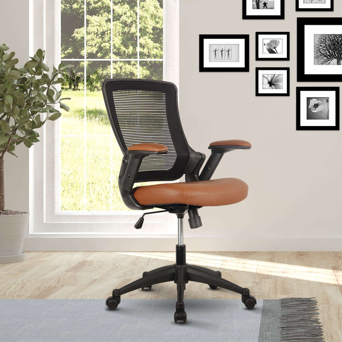 Techni Mobili Mid-Back Mesh Task Office Chair with Height Adjustable Arms, Brown-CASAINC