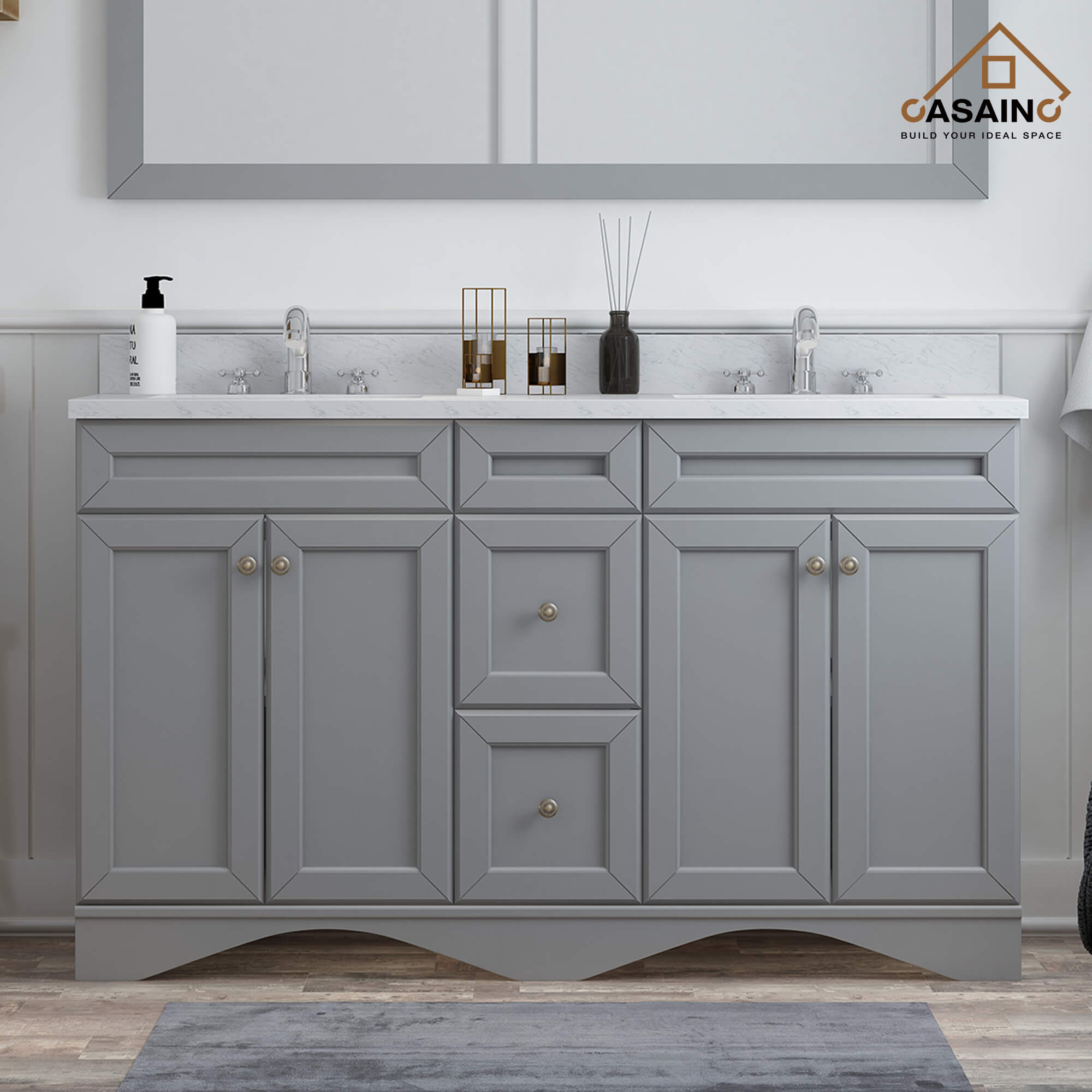 CASAINC 60 x 22 x 35.4 in. Solid Wood Bath Vanity with Marble Top and Backsplash in Gray/White (No/With Mirror)