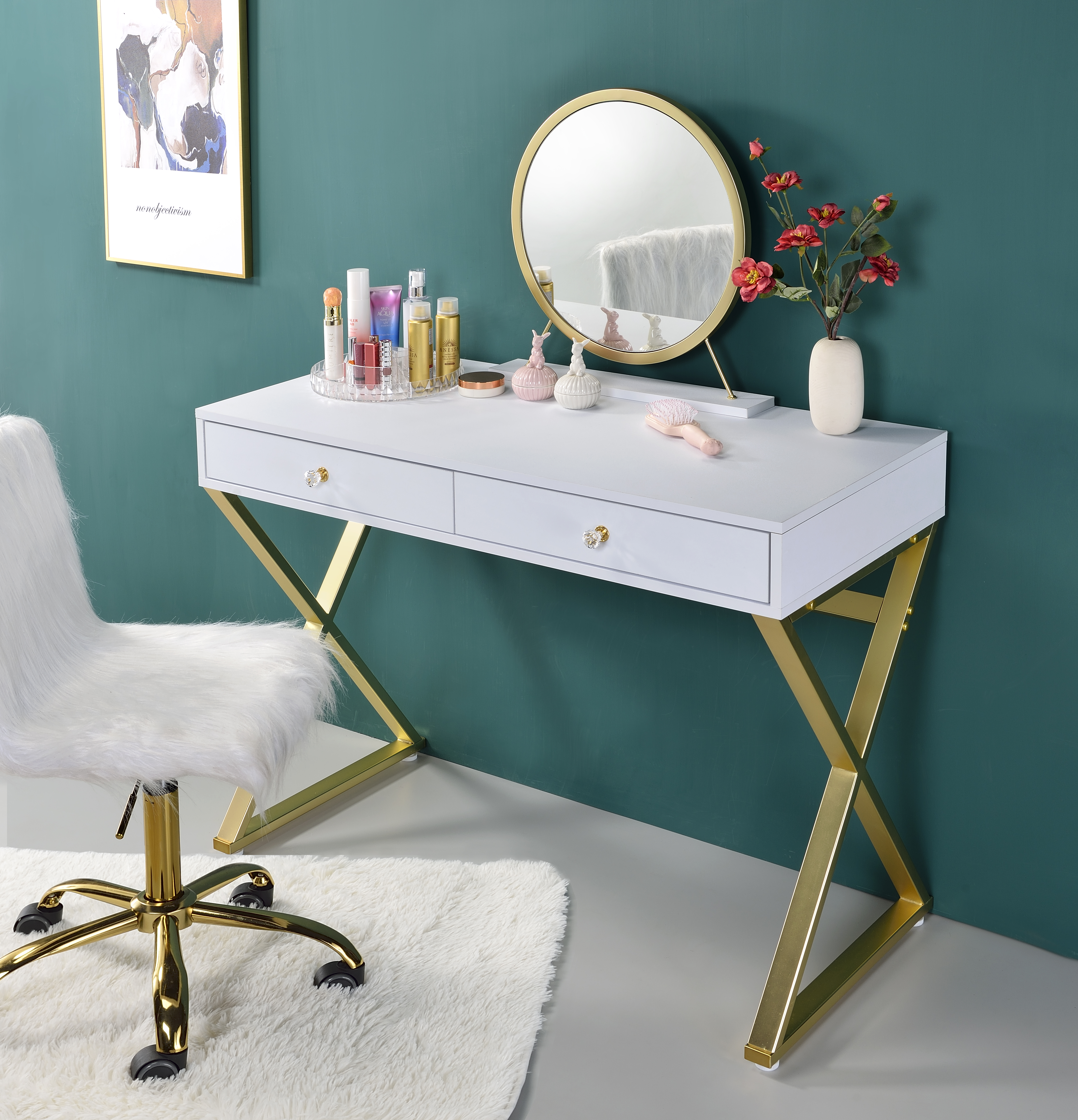 ACME Coleen Vanity Desk w/Mirror Jewelry Tray in White Gold Finish