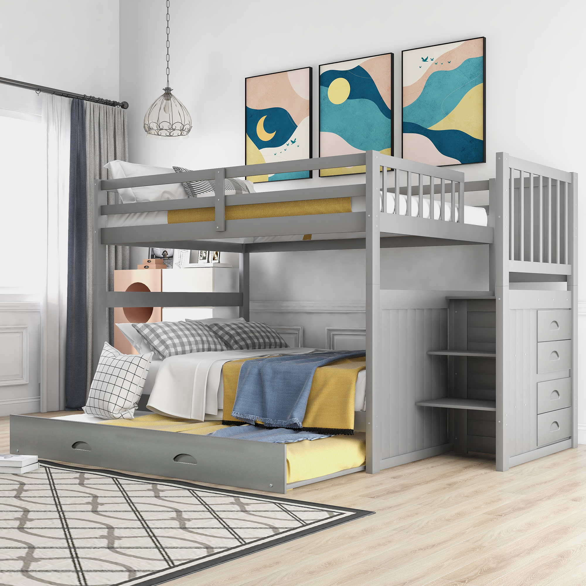 Full over Full Bunk Bed with Twin Size Trundle,Gray ( old sku: LP000026AAE )-CASAINC
