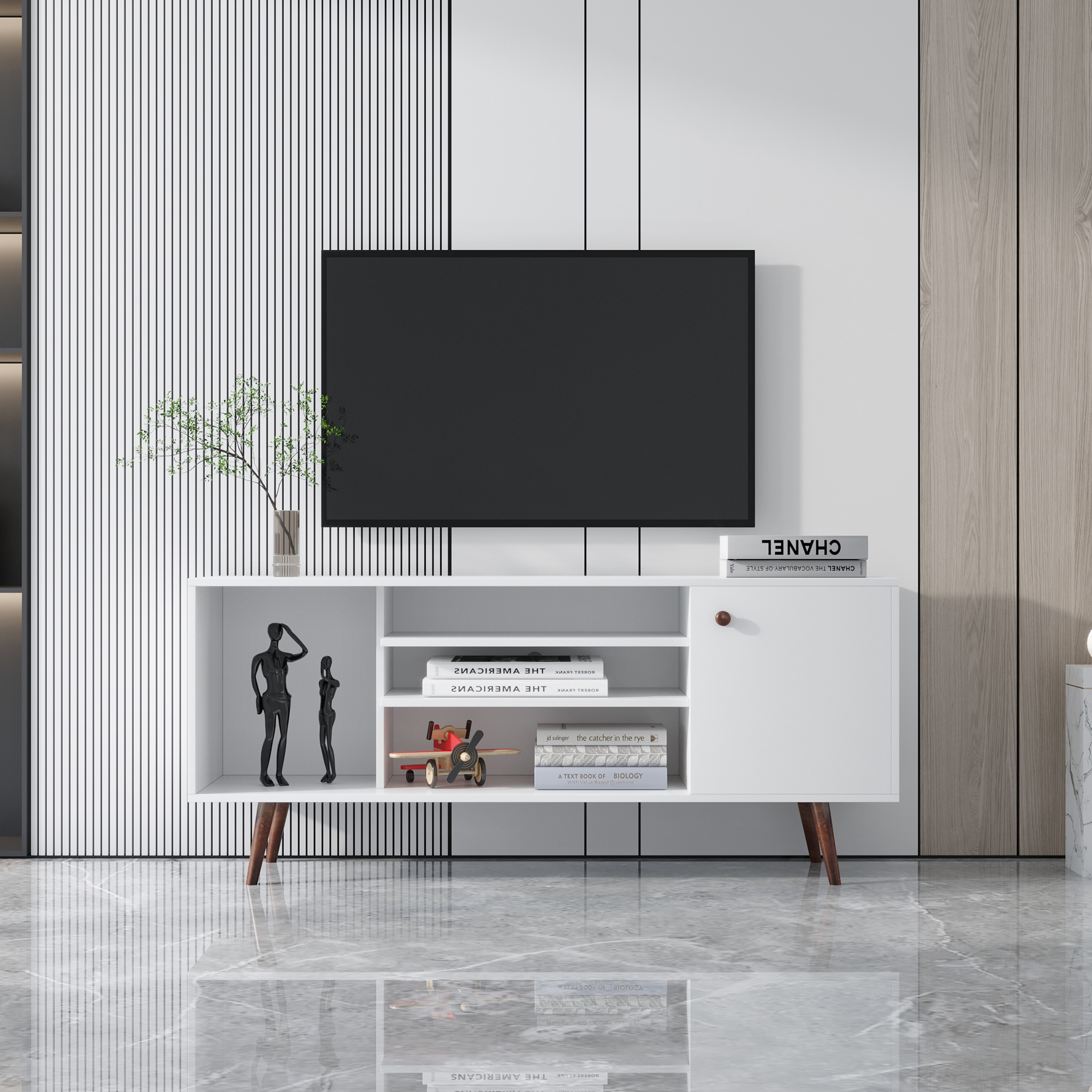 TV Stand Use in Living Room Furniture with 1 storage and 2 shelves Cabinet, high quality particle board,White-CASAINC
