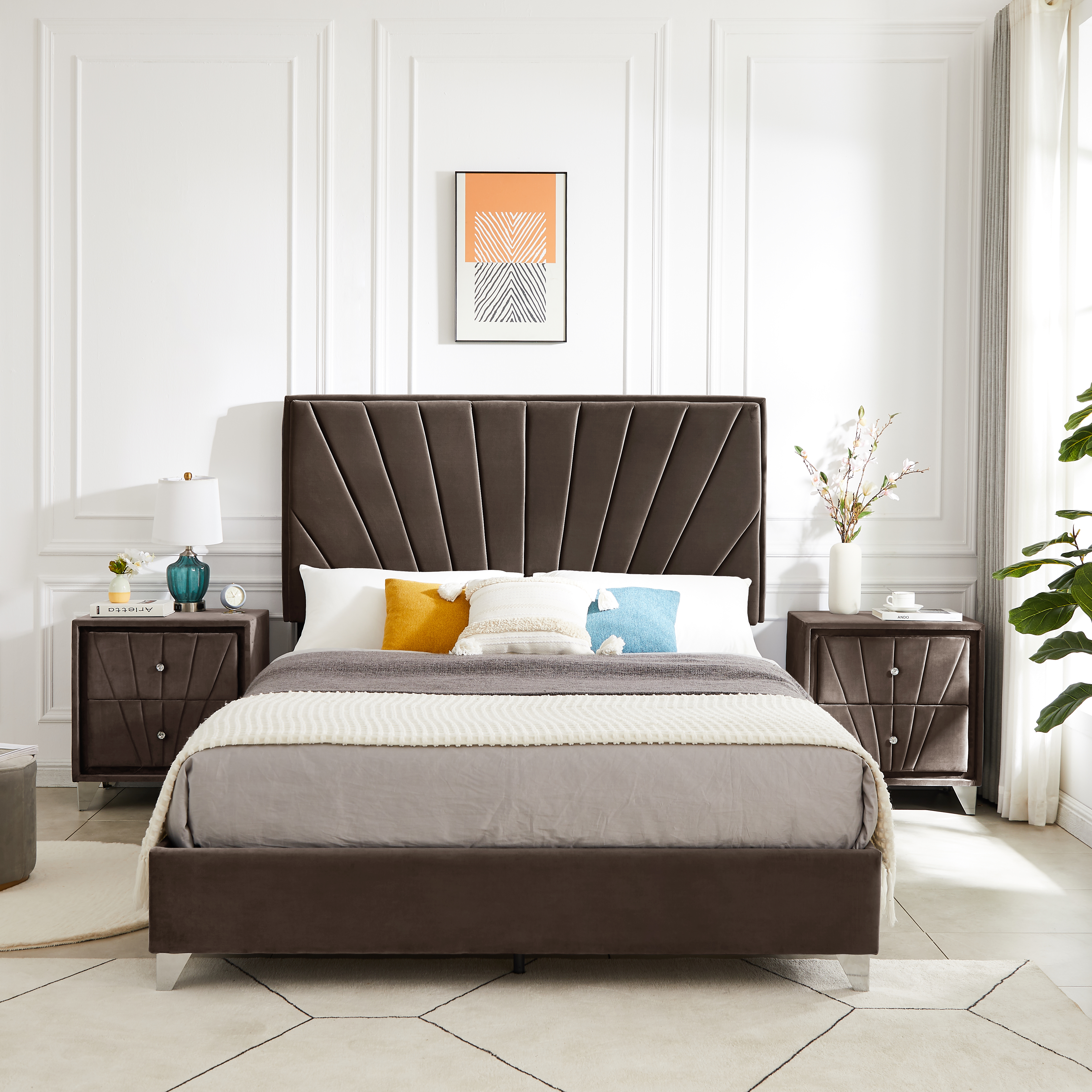 B108 Beautiful line stripe cushion headboard Queen bed, strong wooden slats + metal support feet, Brown Flannelette-CASAINC