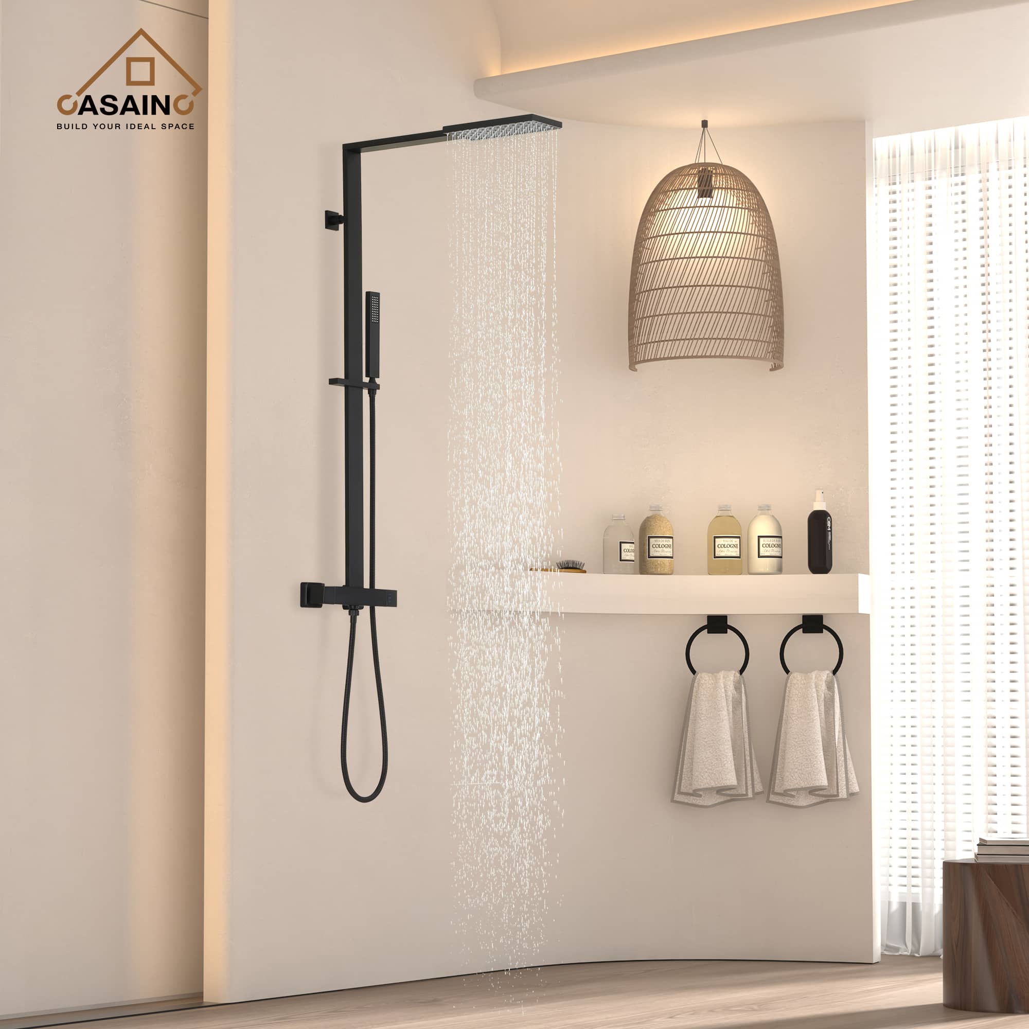 CASAINC Matte Black Shower System with Slide Bar and Rainfall Shower Head/Hand-Held Shower
