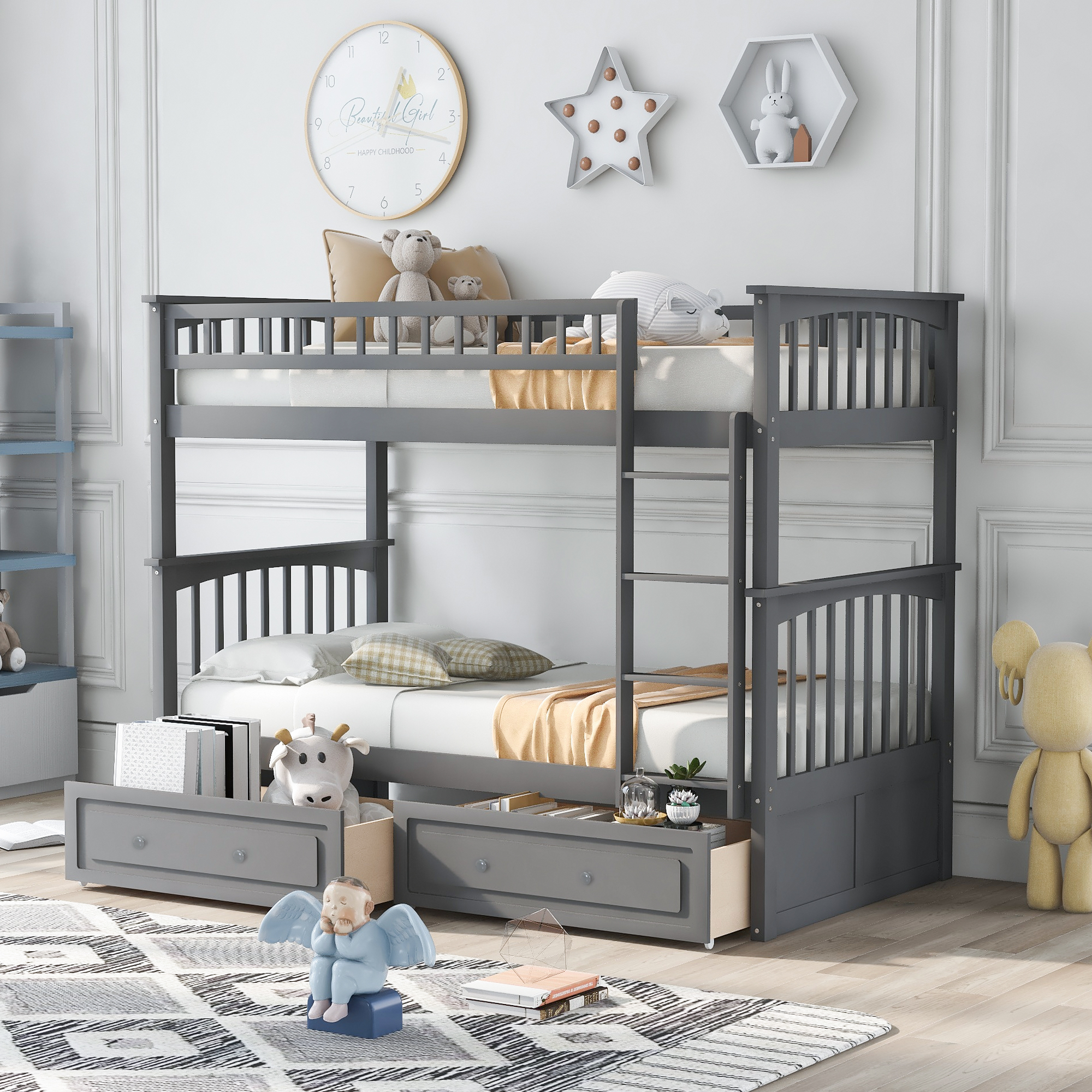Twin over Twin Bunk Bed with Drawers, Convertible Beds, Gray-CASAINC