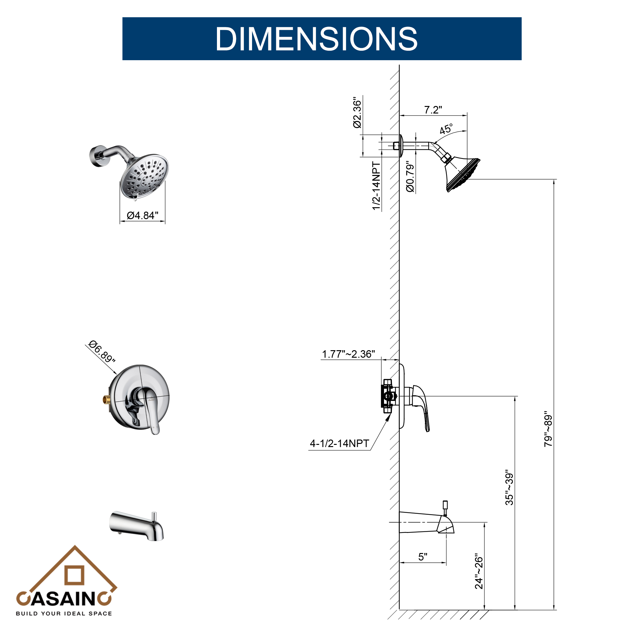 4.84inch Wall Mounted Shower trim kit with pressure balanced valve-CASAINC