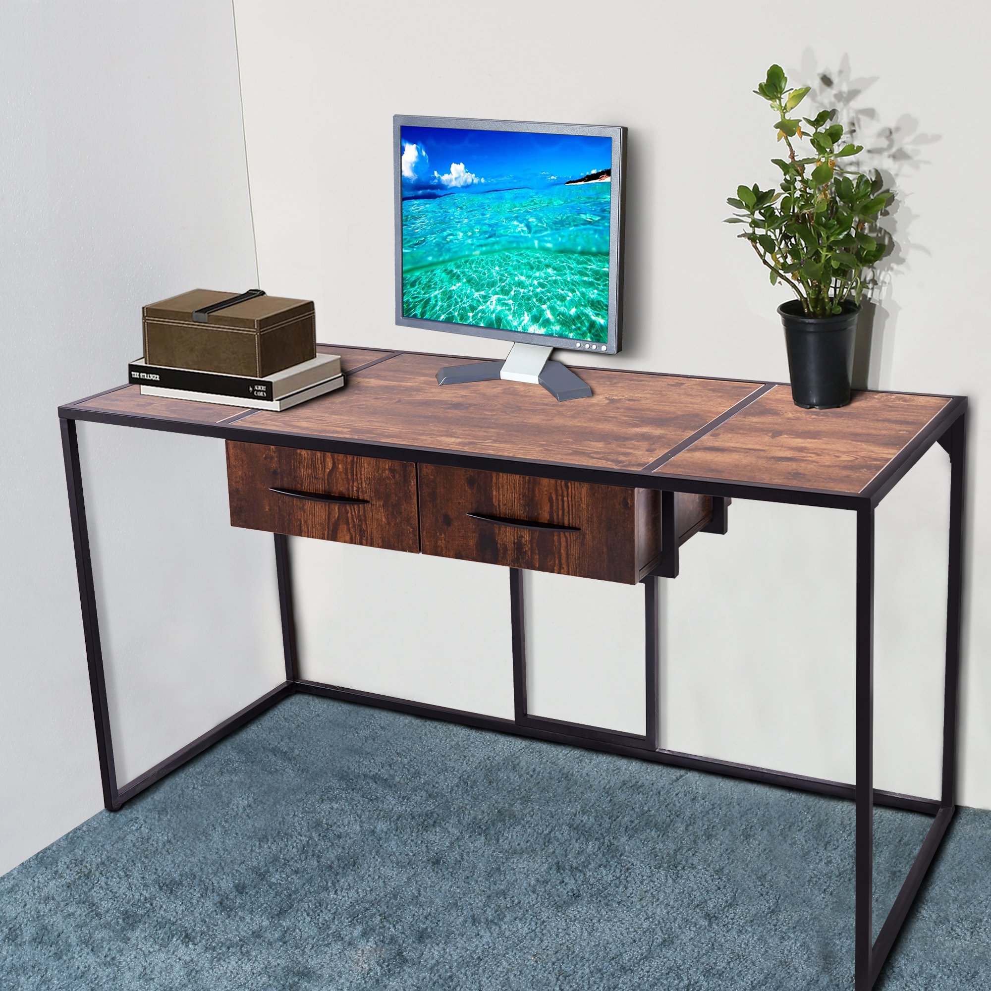55 in. Rectangle Brown Wood 2-Drawer Executive Desk with Storage-CASAINC