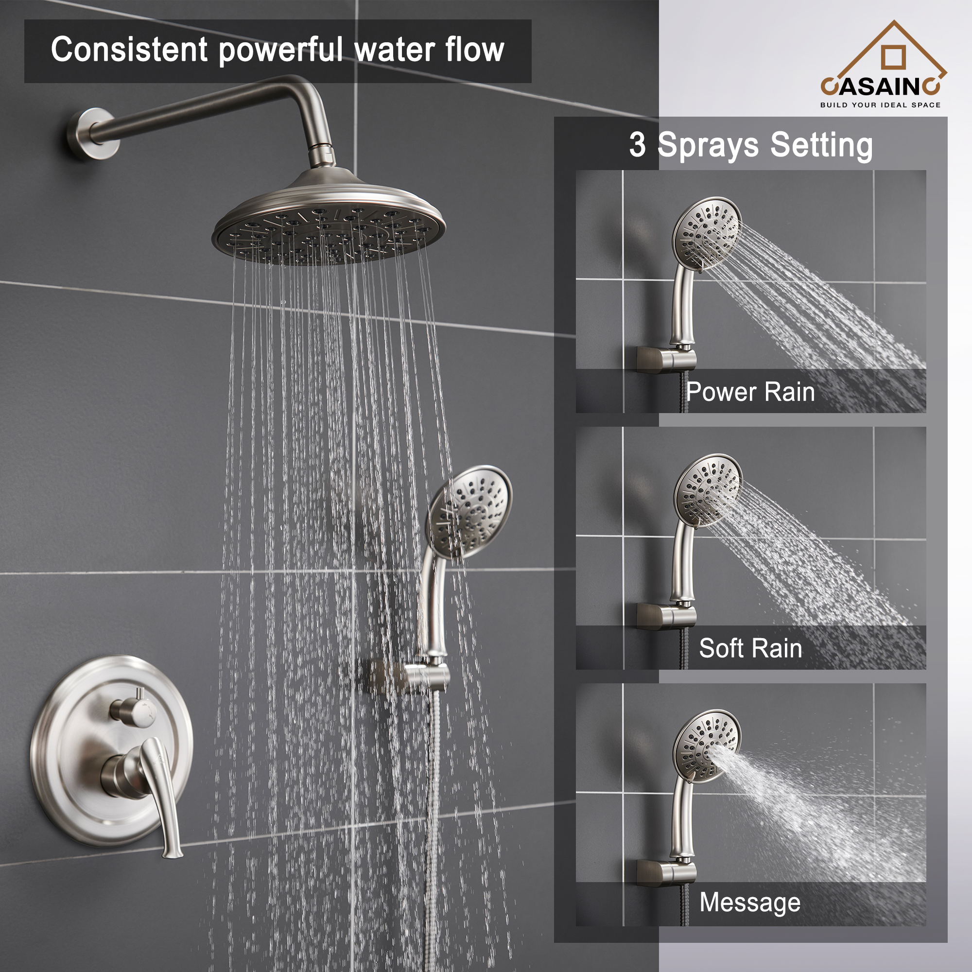 CASAINC 8.3 inch Wall-mounted rain shower faucet with pressure balanced valve