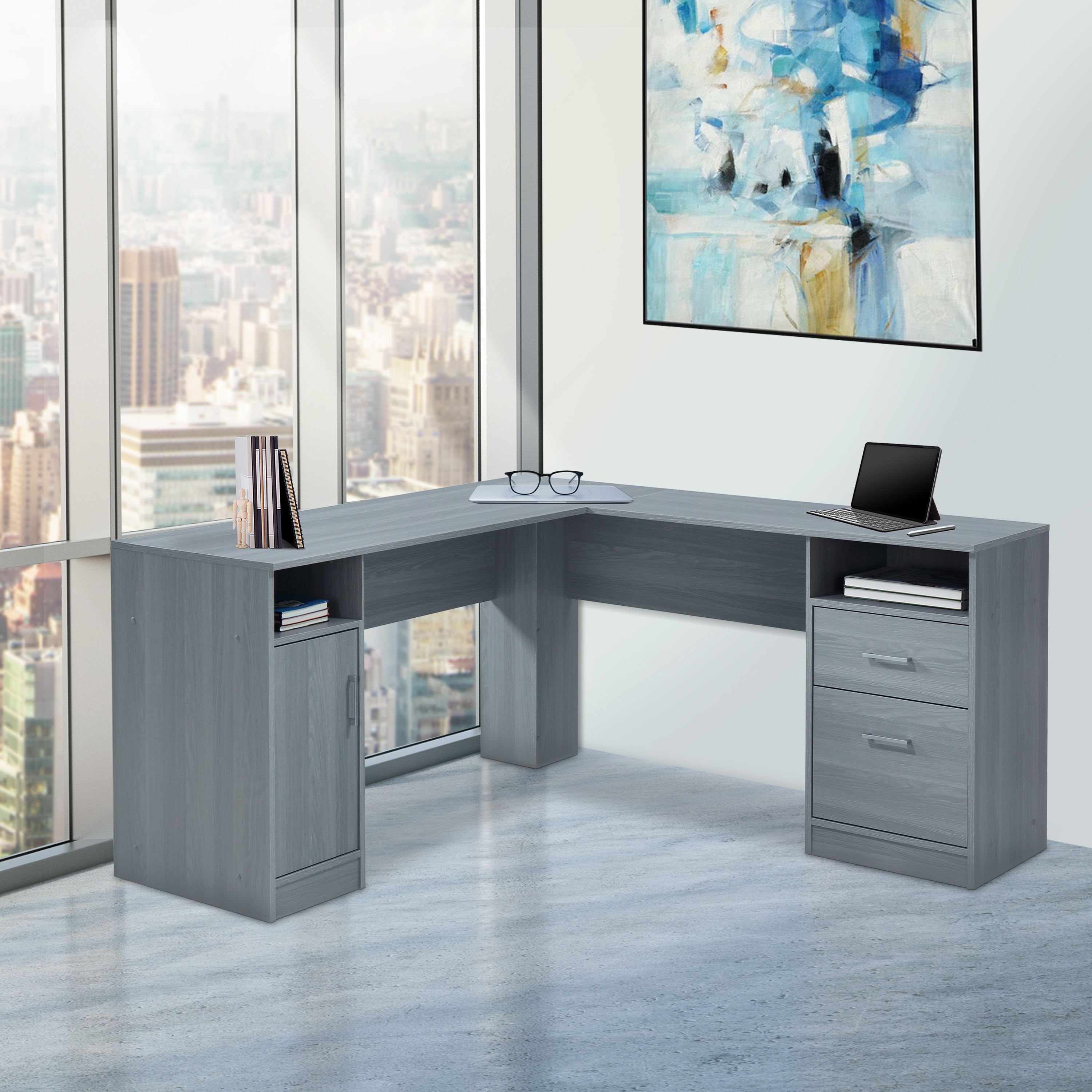 Techni Mobili Functional L-Shape Desk with Storage, Grey-CASAINC