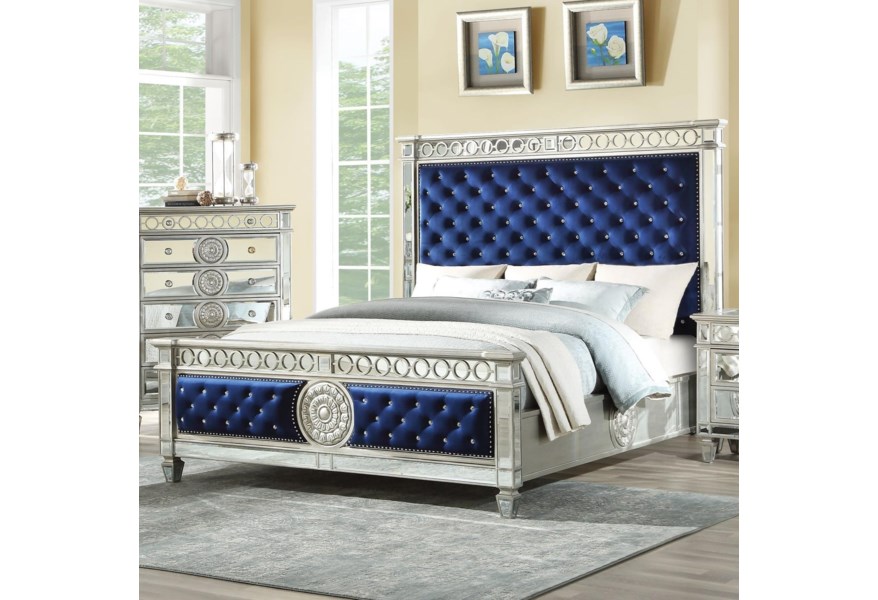 ACME Varian Queen Bed in Blue Velvet & Mirrored-CASAINC