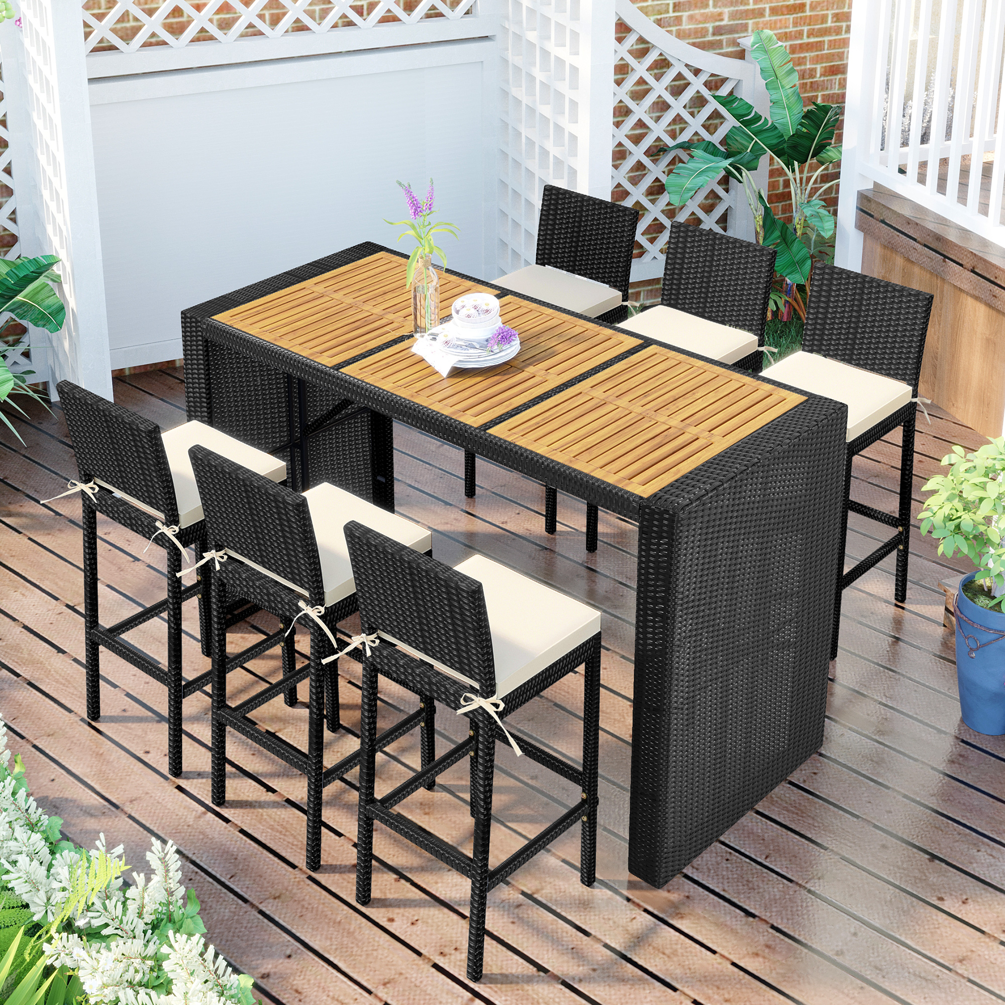 Outdoor Patio 7-Piece Rattan Dining Table Set, PE Wicker Bar Furniture Set with Wood Tabletop and 6 Dining Chairs for Backyard, Garden, Black Rattan+Beige Cushion-CASAINC