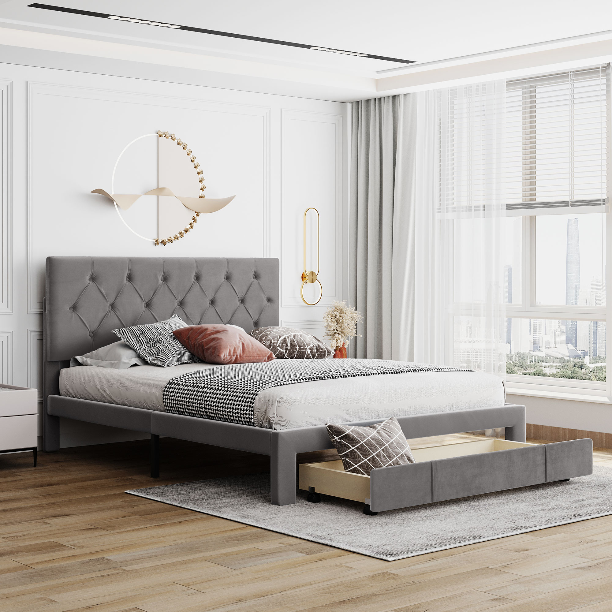 Queen Size Storage Bed Velvet Upholstered Platform Bed with a Big Drawer Grey