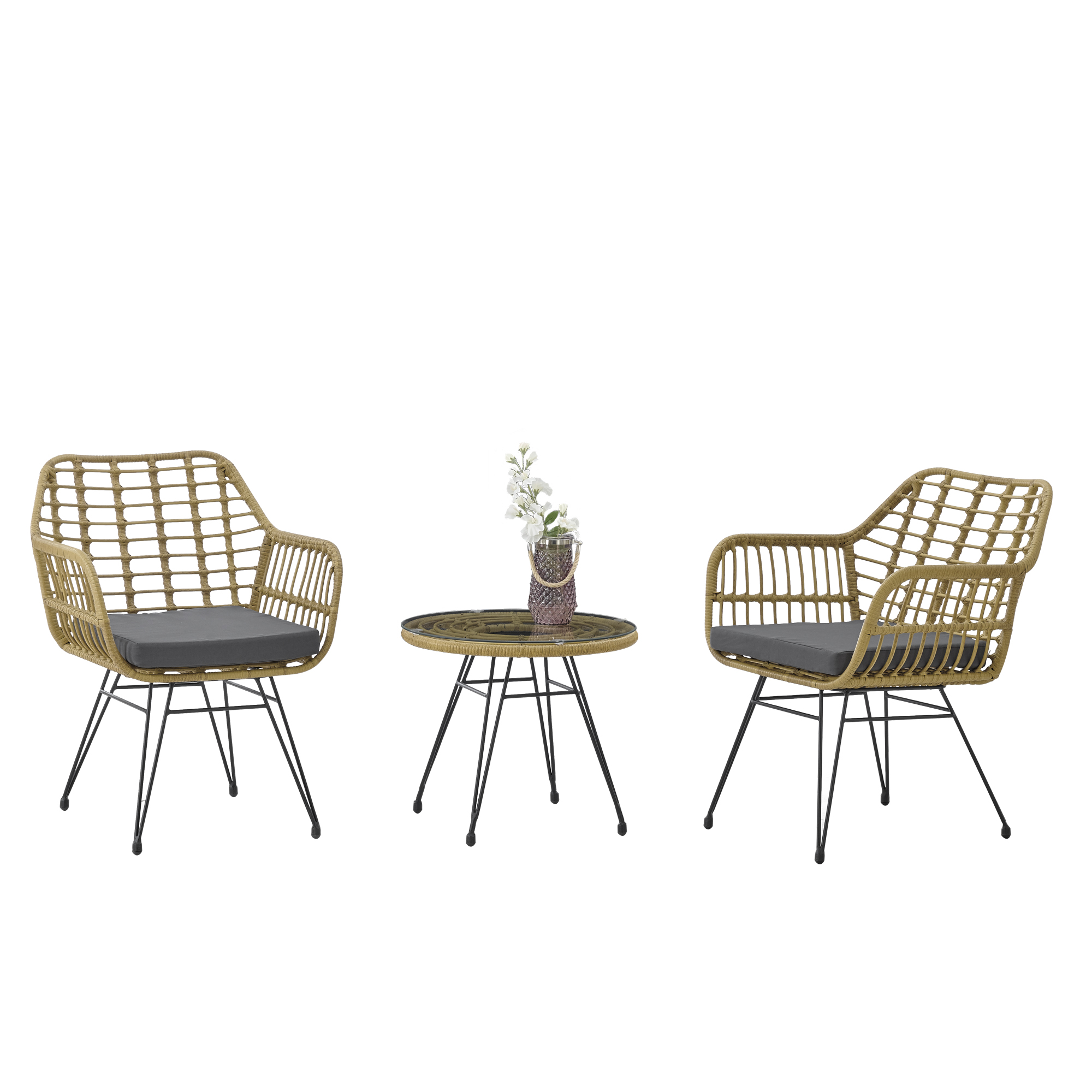 Modern Rattan Coffee Chair Table Set 3 PCS, Outdoor Furniture Rattan Chair,Garden Set（Two Chair + One Table）-CASAINC