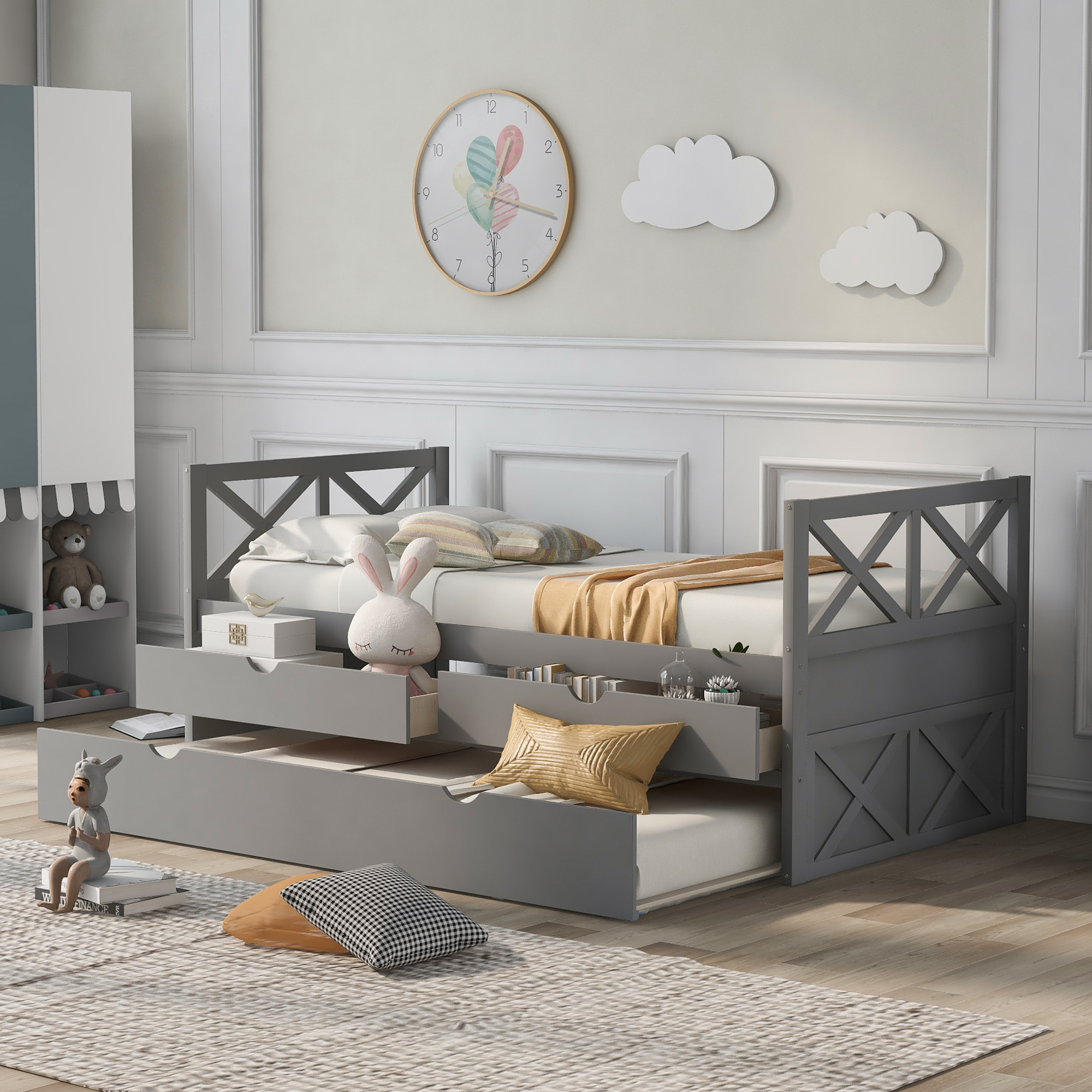Multi-Functional Daybed with Drawers and Trundle, Gray-CASAINC