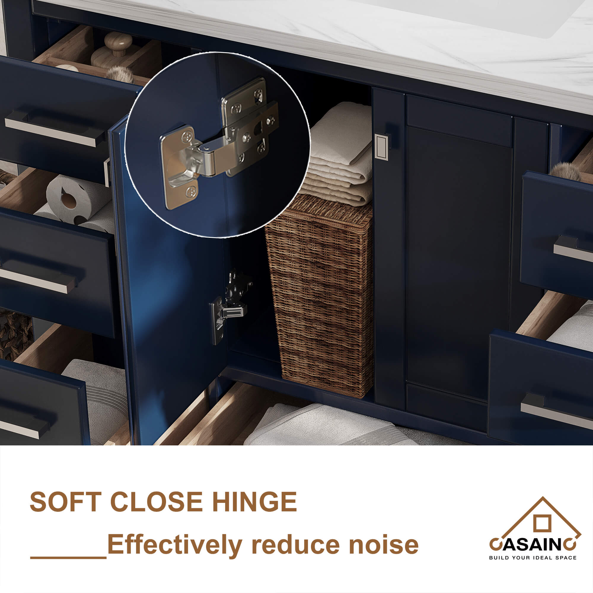 CASAINC 48 x 22 x 35.4 in. Solid Wood Navy Blue Bath Vanity with Carrara White Marble Countertop (No/With Mirror)