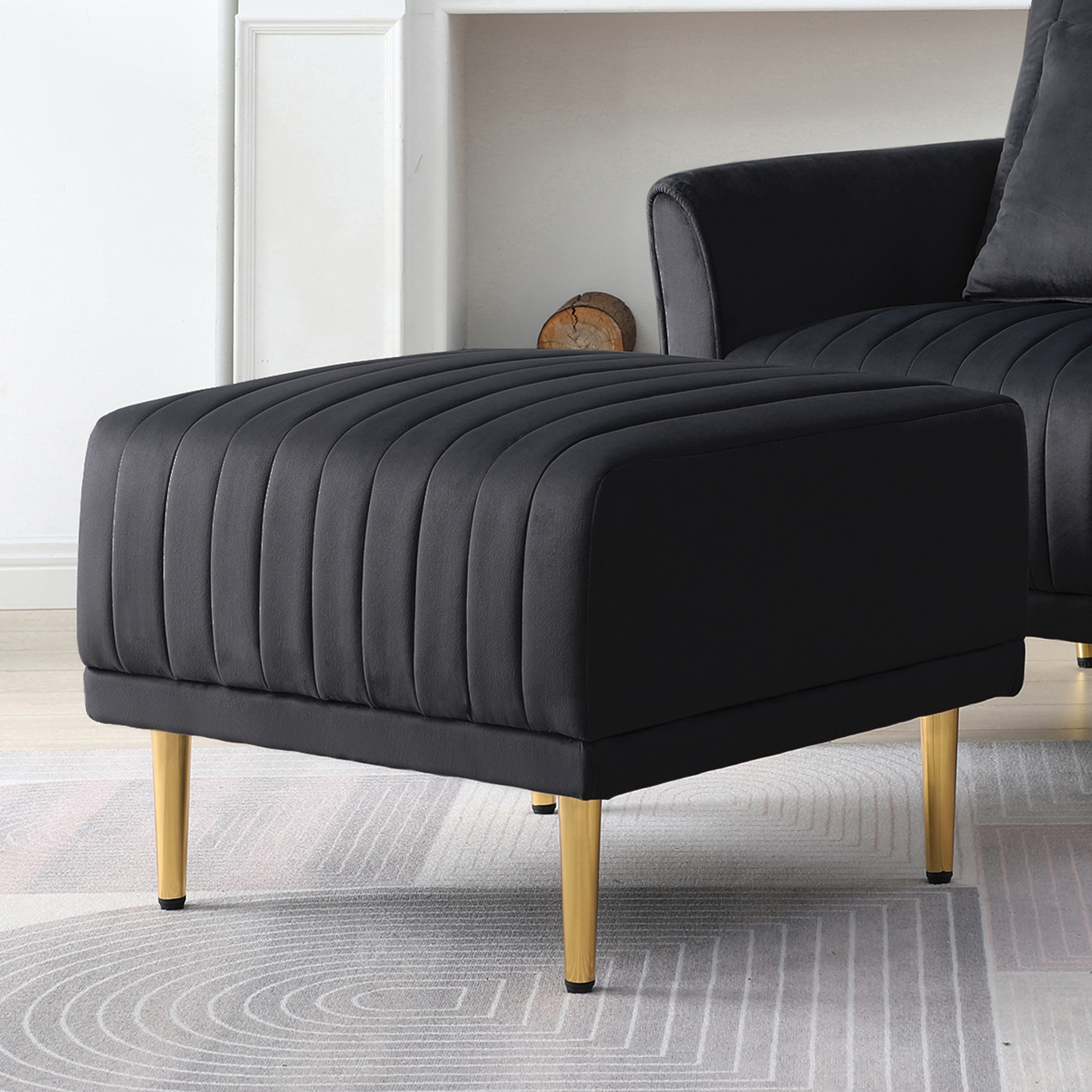 Living Room Ottoman Black Velvet Channel Tufted to Combine with Sectional Sofa