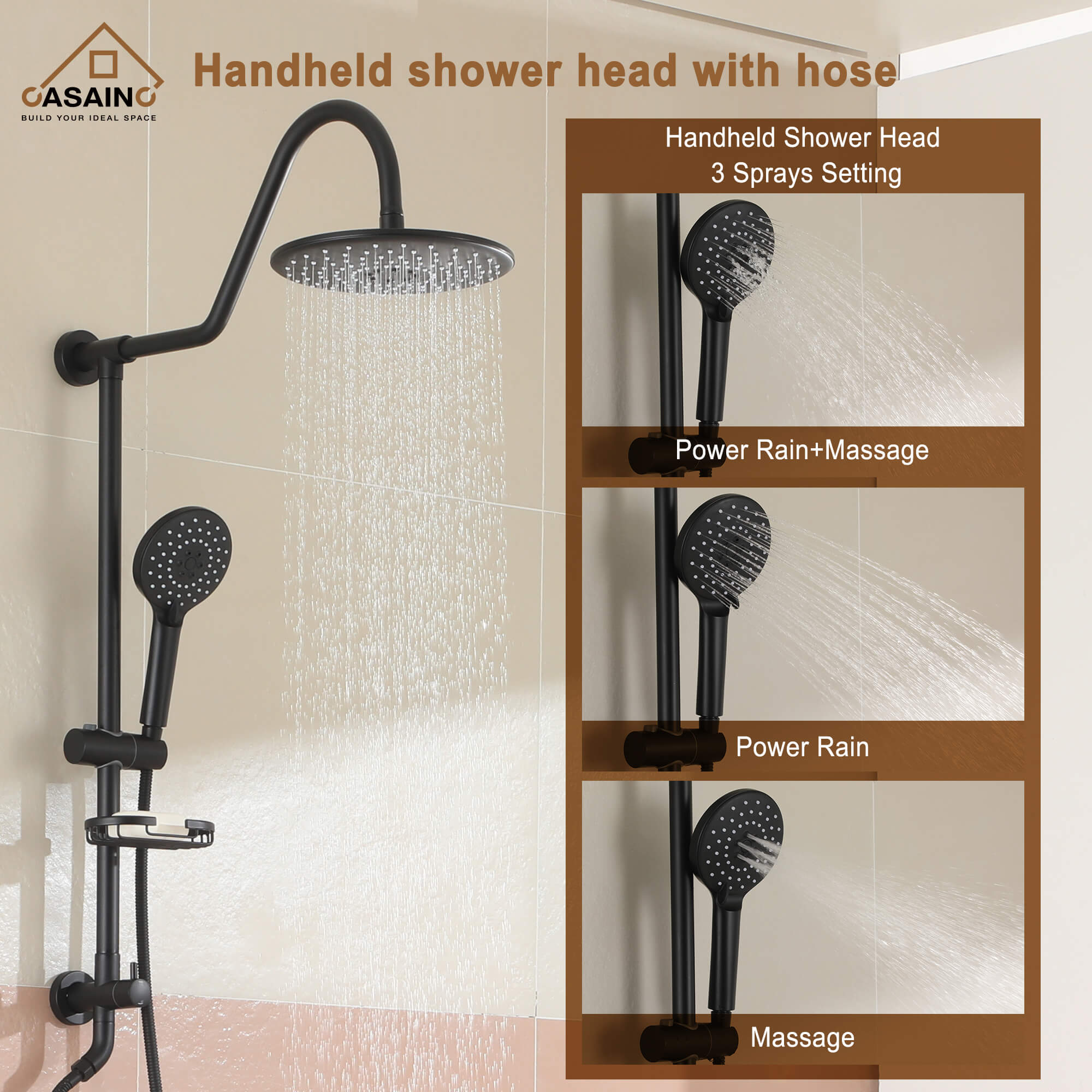 Casainc Matte Black Dual Shower Heads System with 3 Spray Patterns Hand Shower