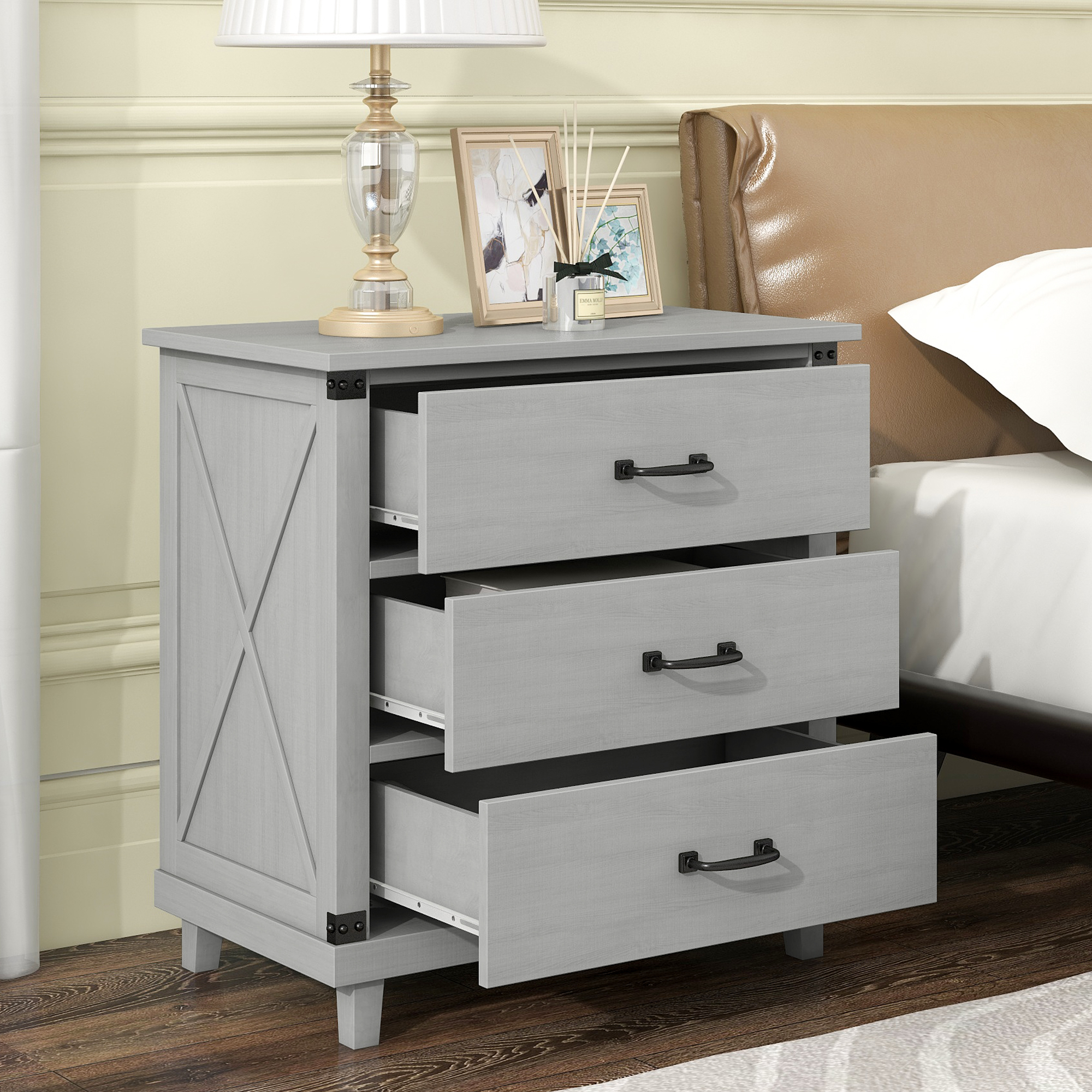 Modern Bedroom Nightstand with 3 Drawers Storage , Gray(OLD SKU:WF281114AAE)-CASAINC