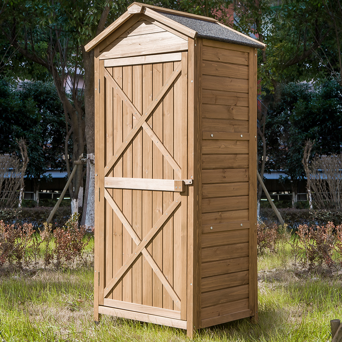 Outdoor Wooden Storage Sheds Fir Wood Lockers with Workstation,Natural-CASAINC