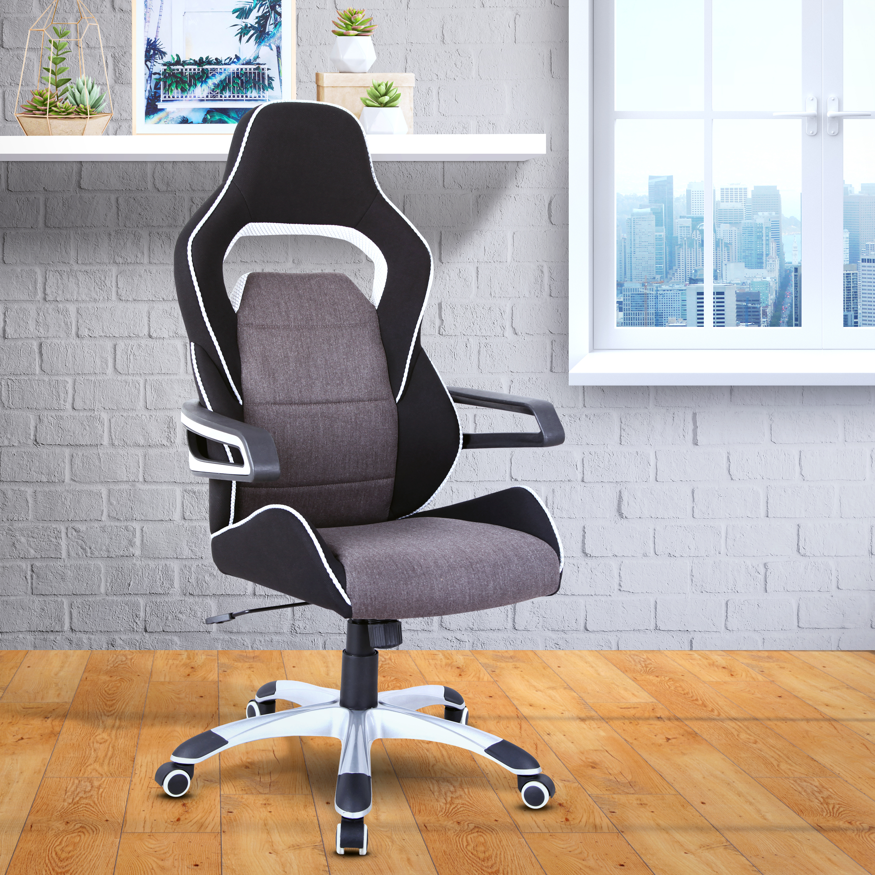 Techni Mobili Ergonomic Upholstered Racing Style Home  Office Chair, Grey/Black-CASAINC