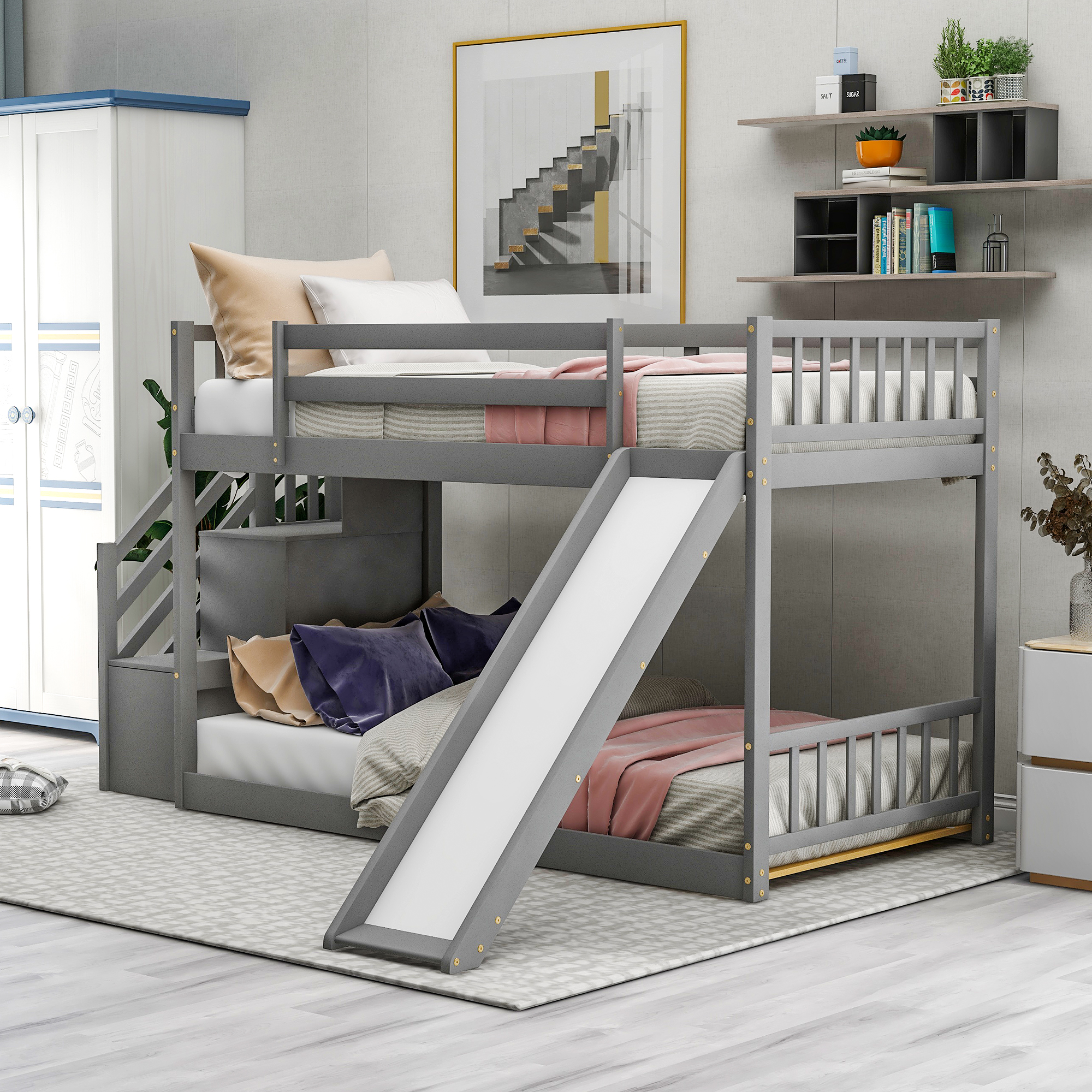 Twin over Twin Bunk Bed with Convertible Slide and Stairway, Gray(Expected Arrival Time:3.5)-CASAINC