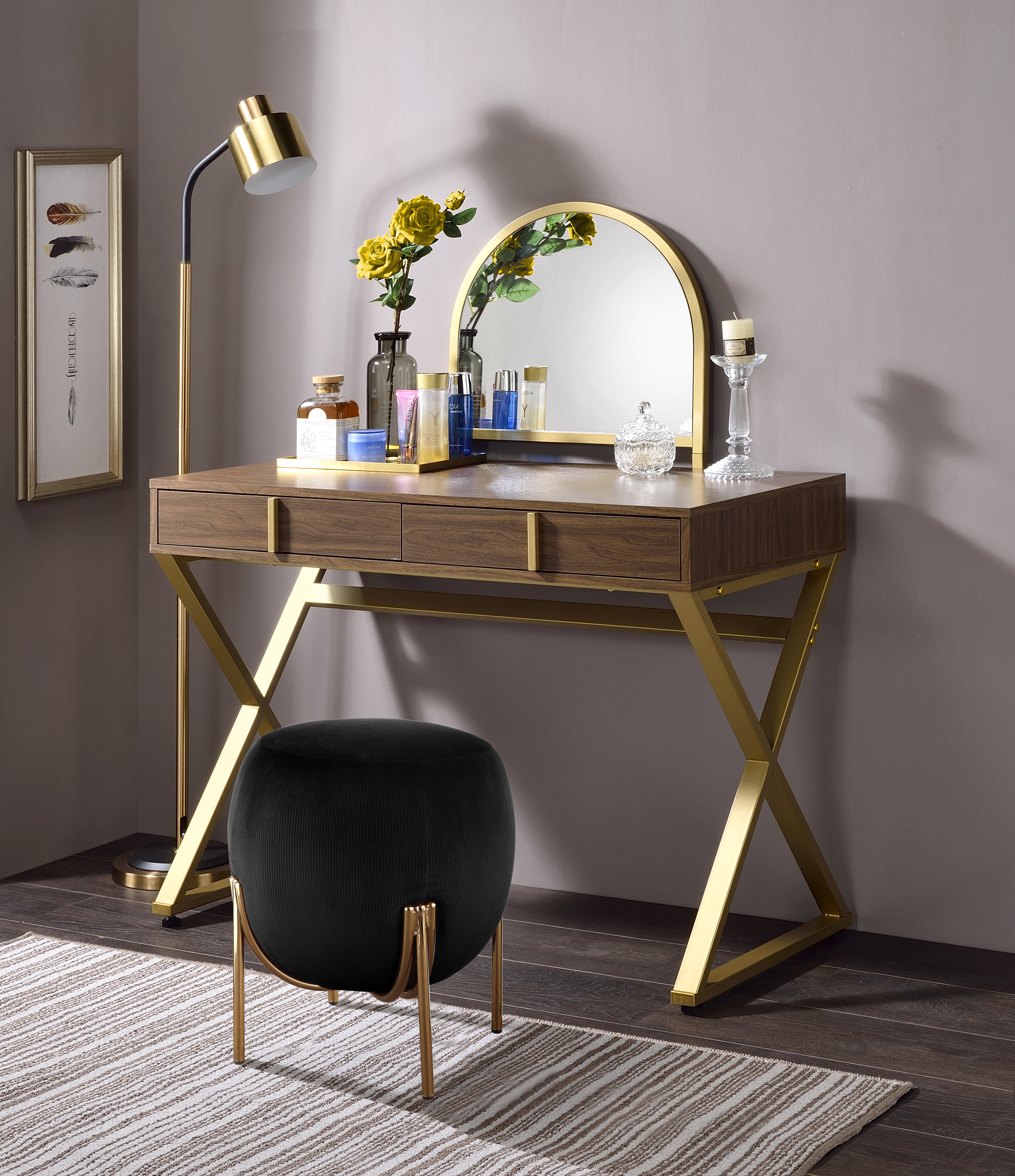 ACME Coleen Vanity Desk w/Mirror Jewelry Tray in Walnut Gold Finish