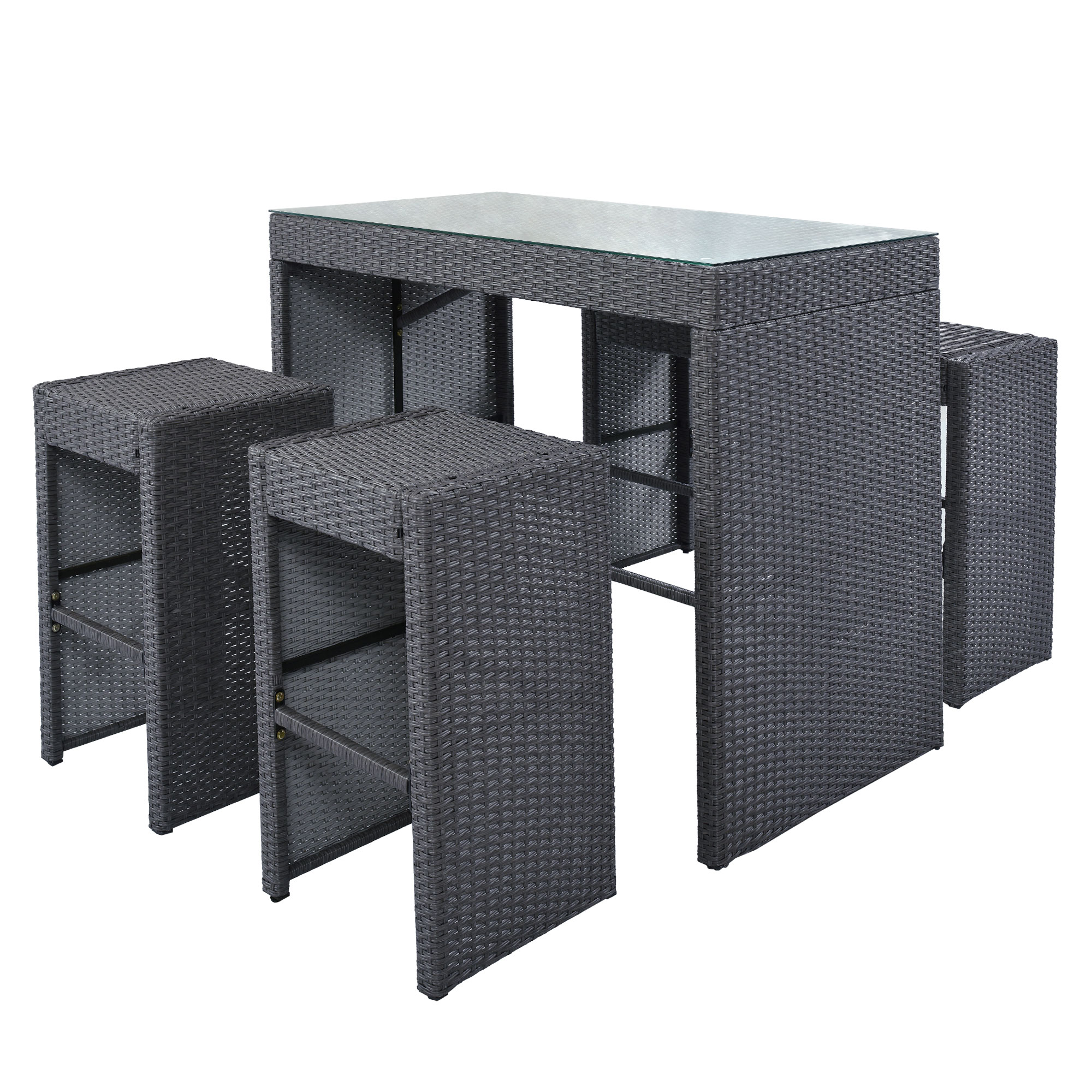 5-piece Rattan Outdoor Patio Furniture Set Bar Dining Table Set with 4 Stools, Gray Cushion+Gray Wicker-CASAINC