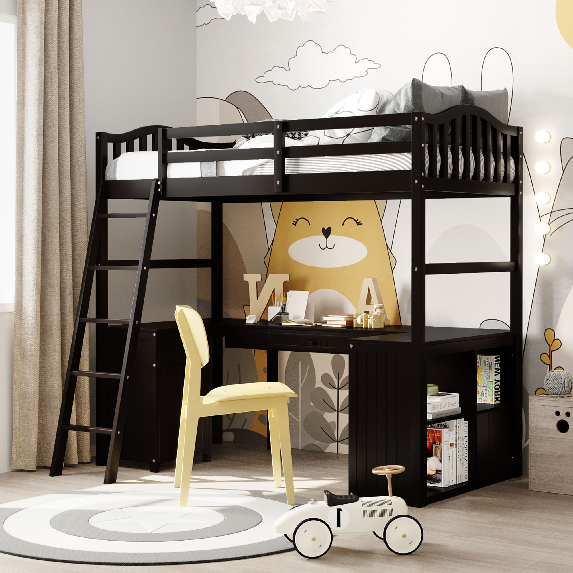 Twin size Loft Bed with Drawers, Cabinet, Shelves and Desk, Wooden Loft Bed with Desk - Espresso(OLD SKU :LP000505AAP)-CASAINC