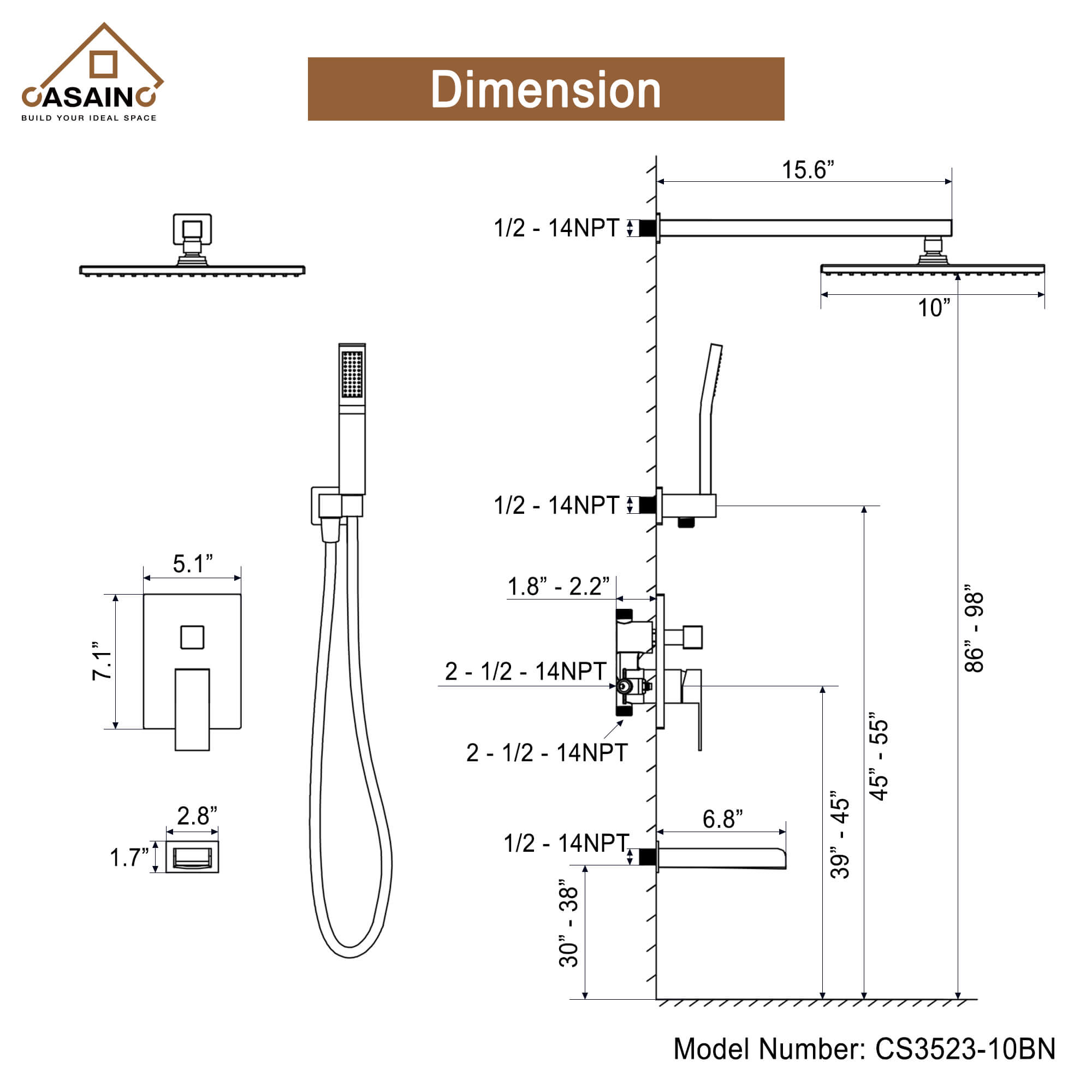 CASAINC Wall Mounted Shower System with Handheld Shower and Bathtub Faucet in Brushed Nickel