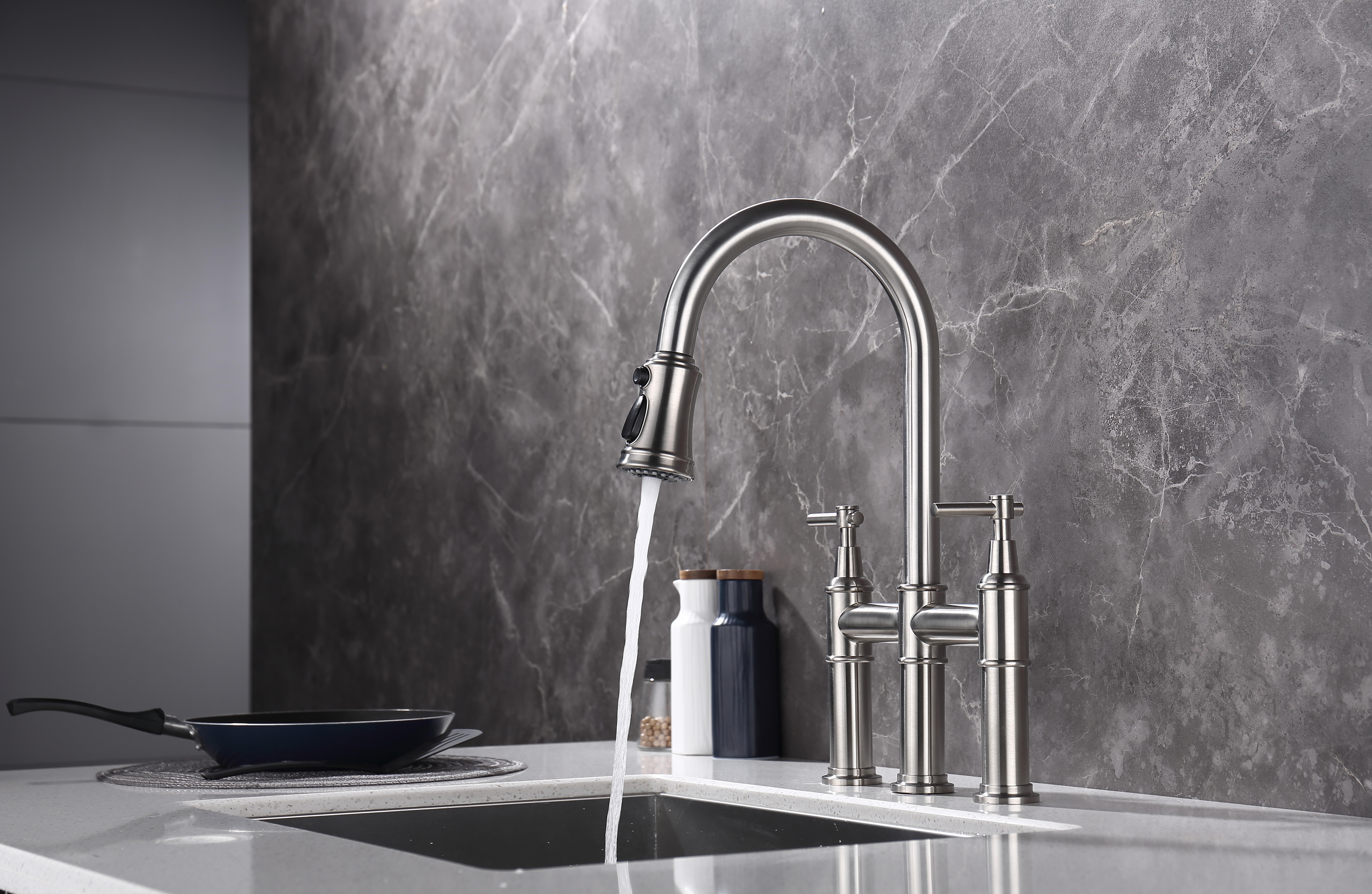 Bridge Kitchen Faucet with Pull-Down Sprayhead in Spot
