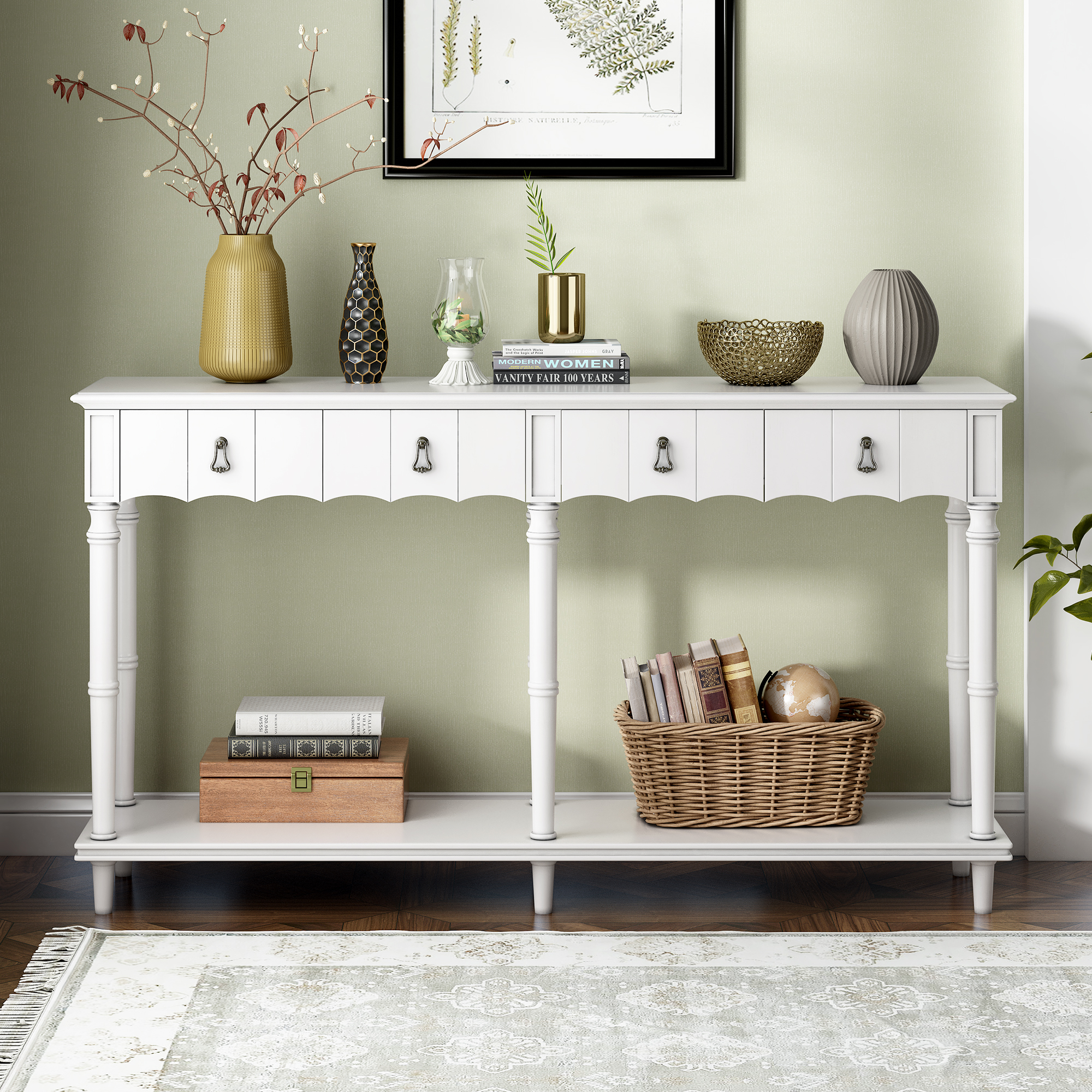 U_STYLE  Country Console Table for Hallway Living Room Bedroom with 4 Front Facing Storage Drawers and 1 Shelf