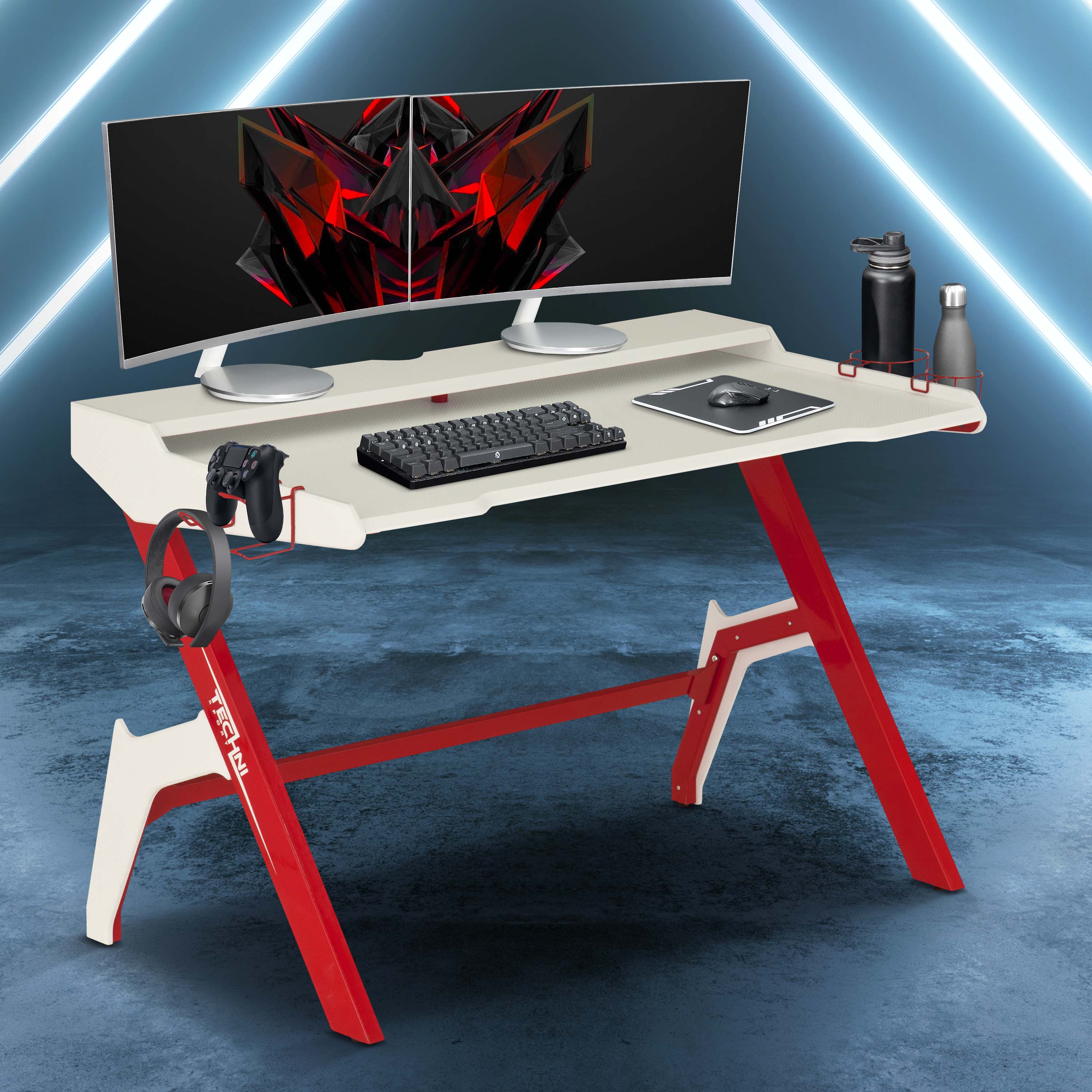 Techni Sport Ergonomic Computer Gaming  Desk Workstation with Cupholder  Headphone Hook, Red-CASAINC