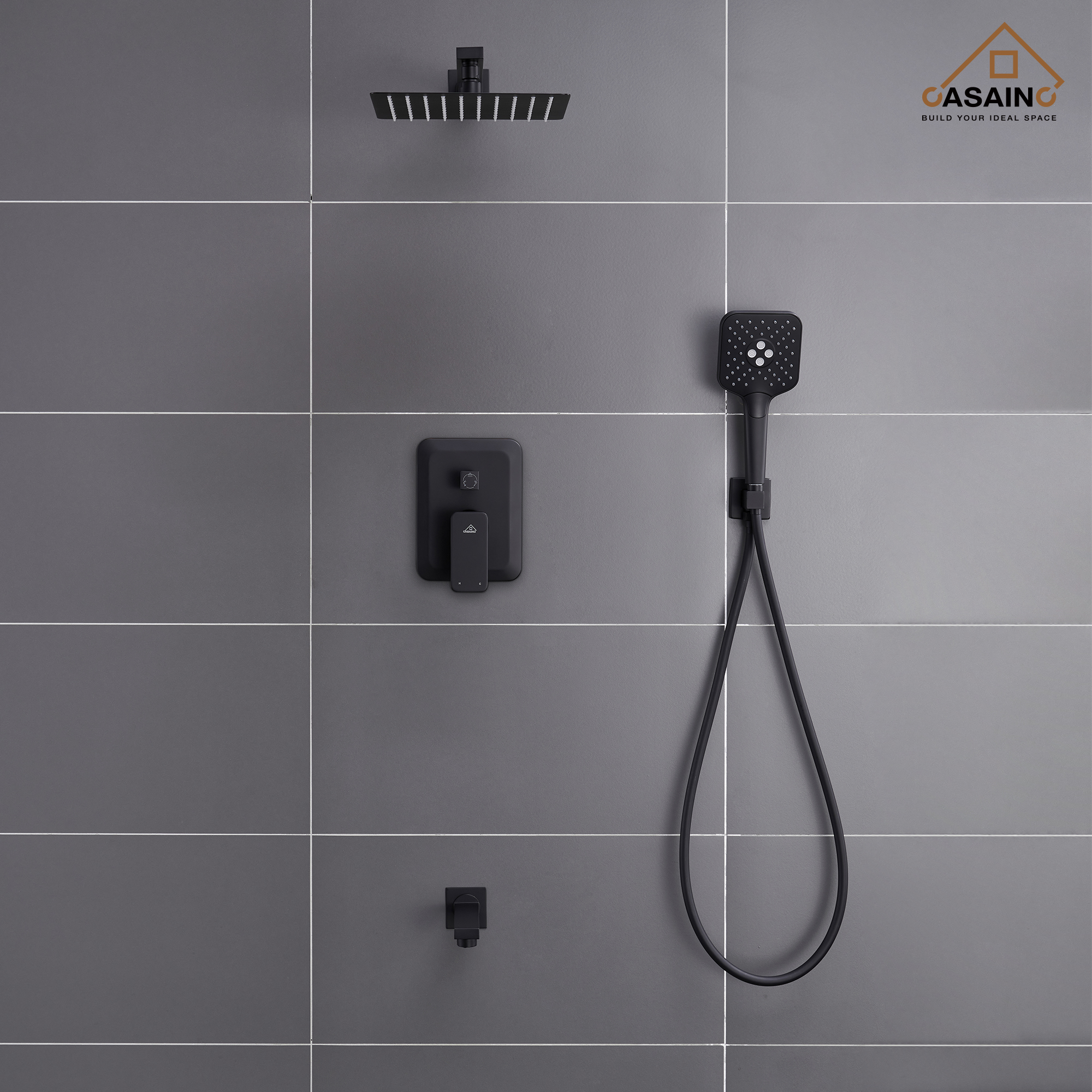 CASAINC 10 inch Square Wall-mounted rain shower faucet with pressure balanced valve