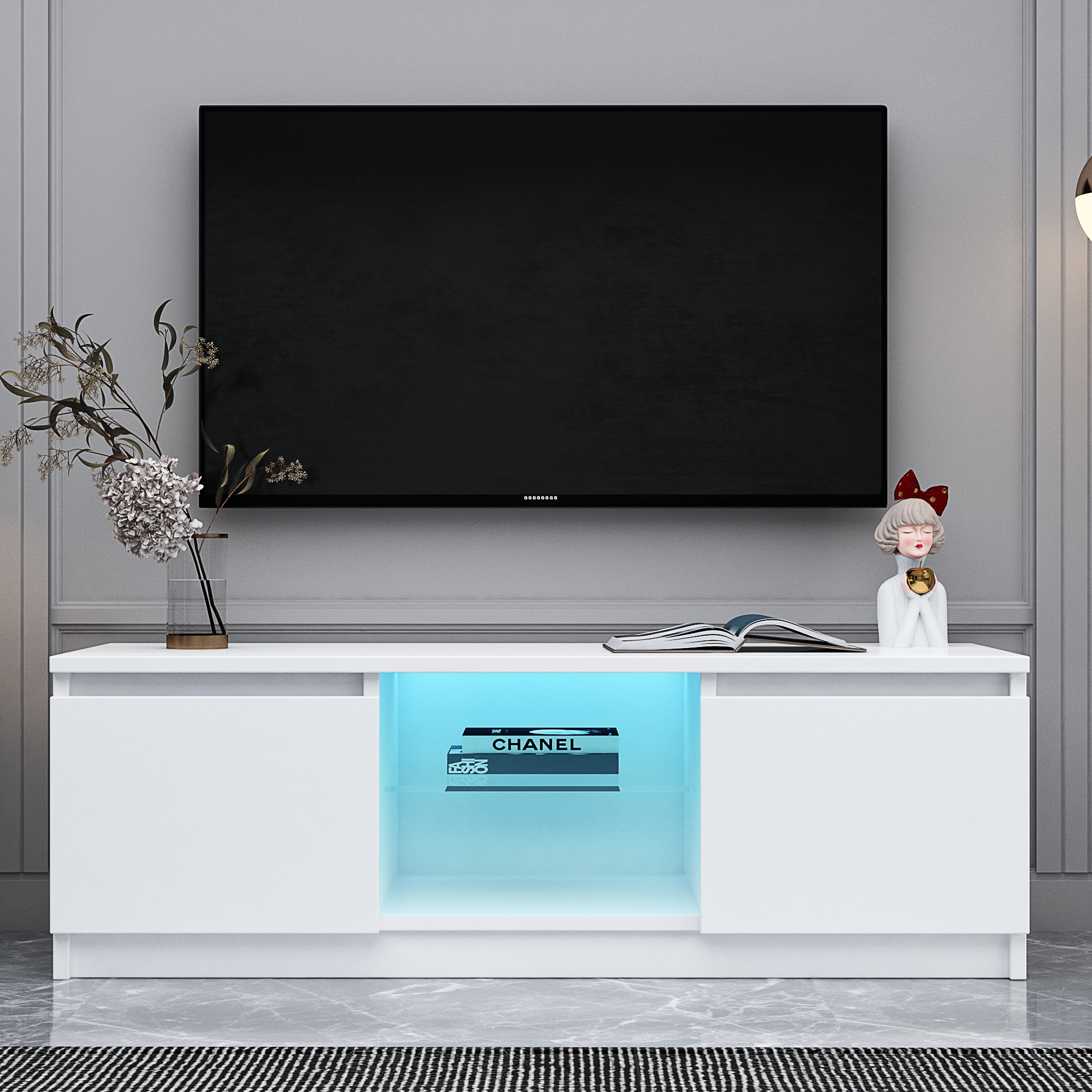TV Cabinet Wholesale, White TV Stand with Lights, Modern LED TV Cabinet with Storage Drawers, Living Room Entertainment Center Media Console Table-CASAINC