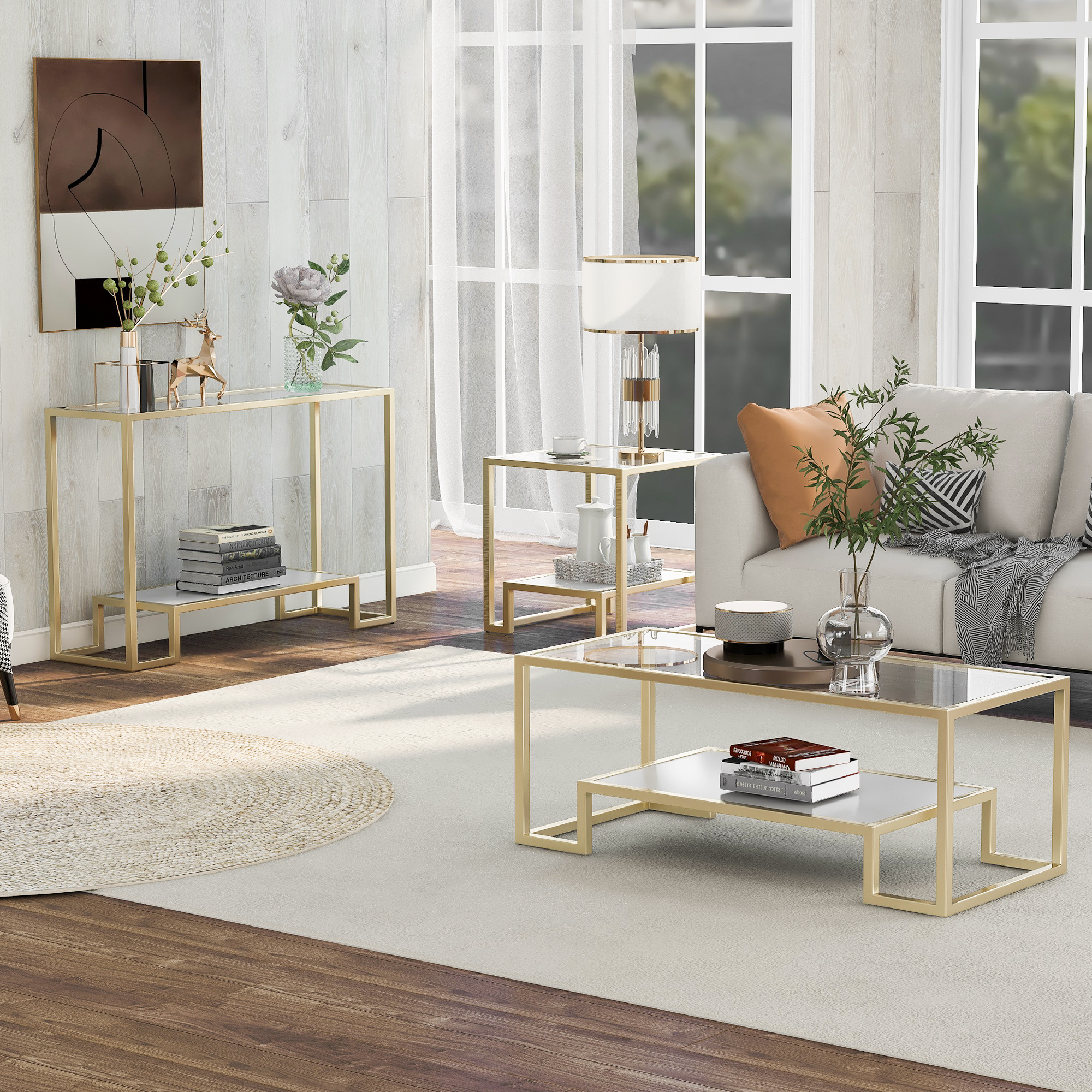 ON-TREND Modern, Minimalist Design Living Room 3-Piece Table Sets, Metal with Stained White Tempered Glass, 2-Tier End Table + Side Table + Coffee Table,  Gold-CASAINC