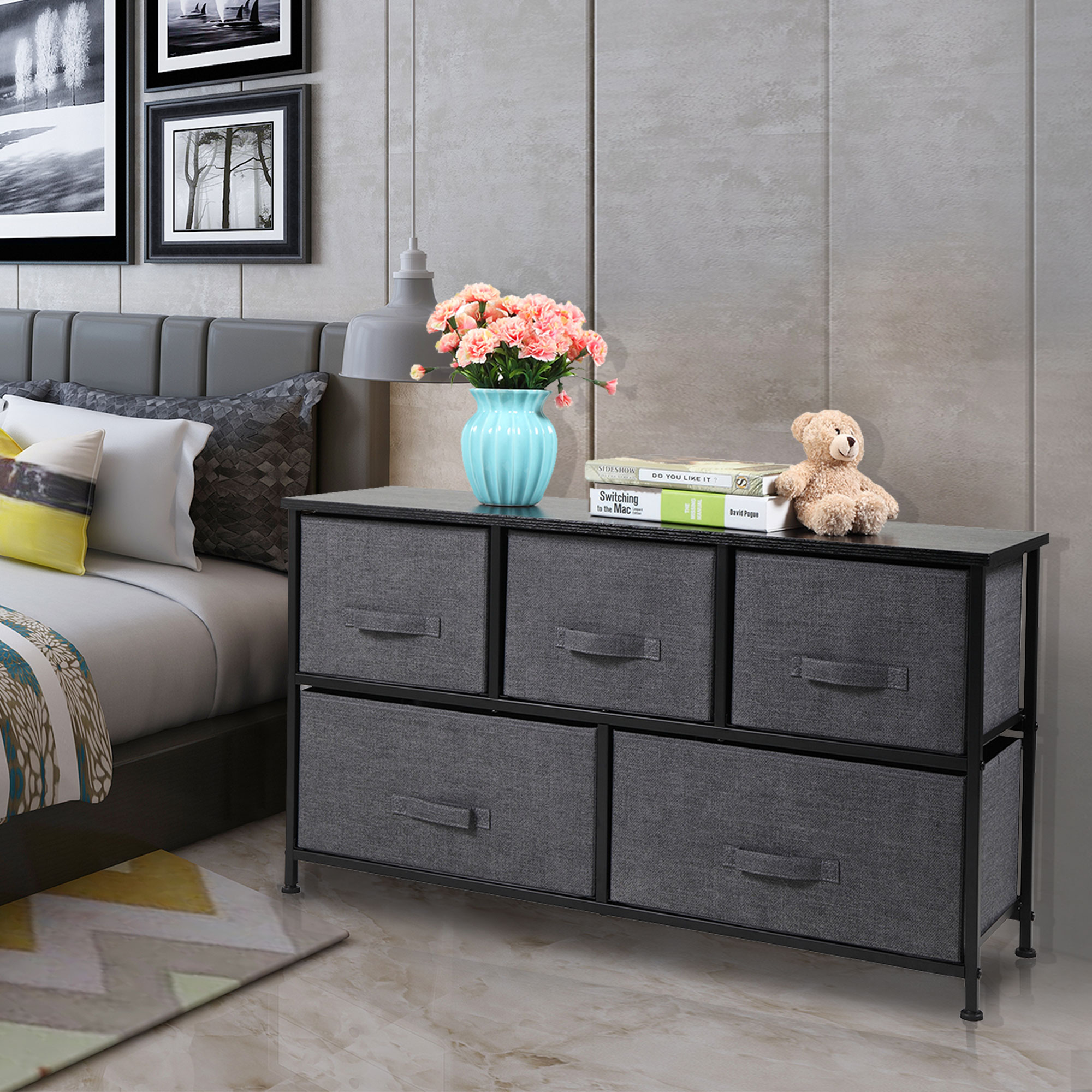 Simple and Modern Storage Chest with 5 Fabric Drawers with a Metal Frame, Living Room Bedroom Furniture - Black-CASAINC